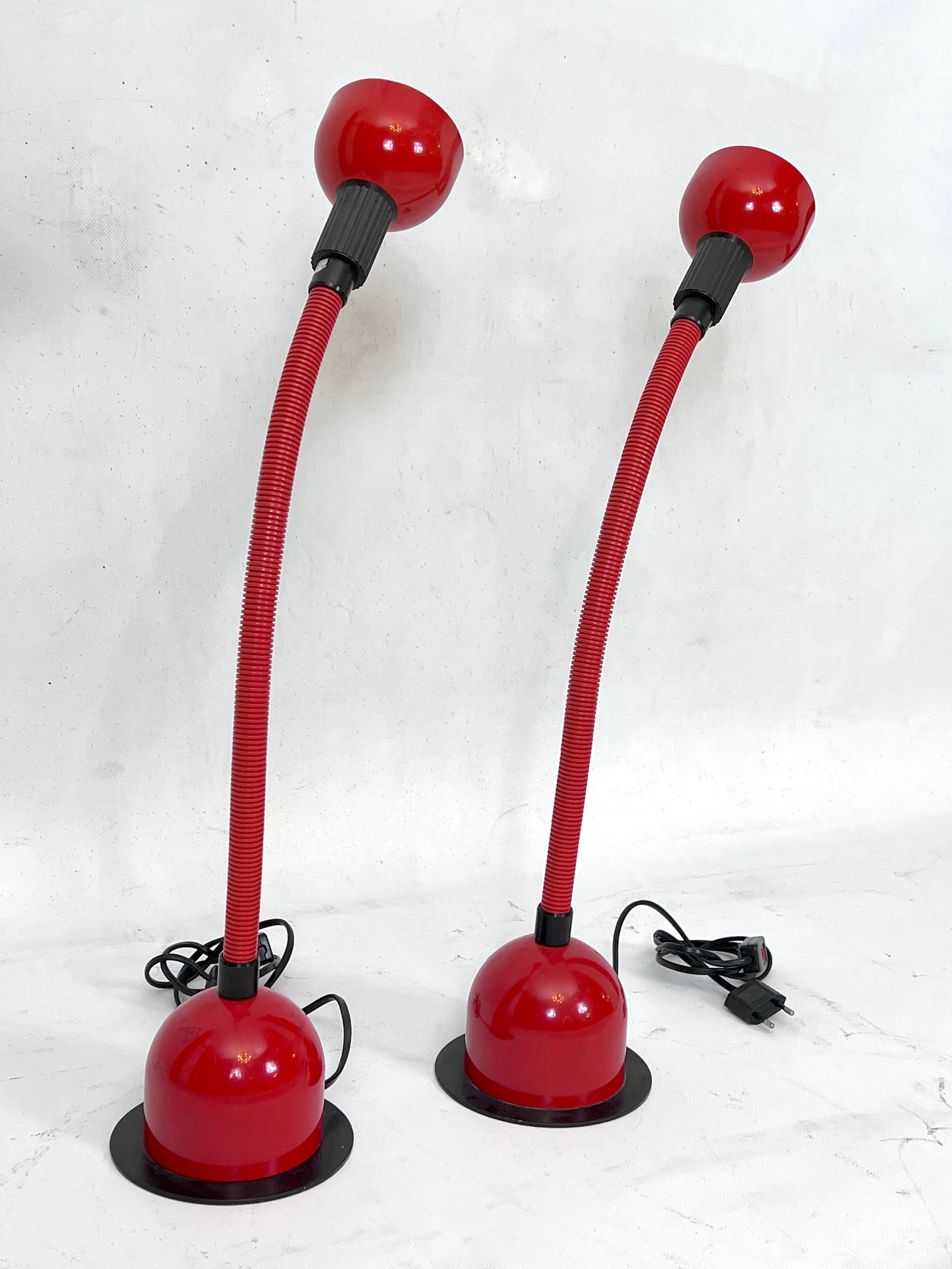 Mid-Century Modern Space Age, Pair of Italian Red Metal Table Lamps by Gammalux, 1970s For Sale