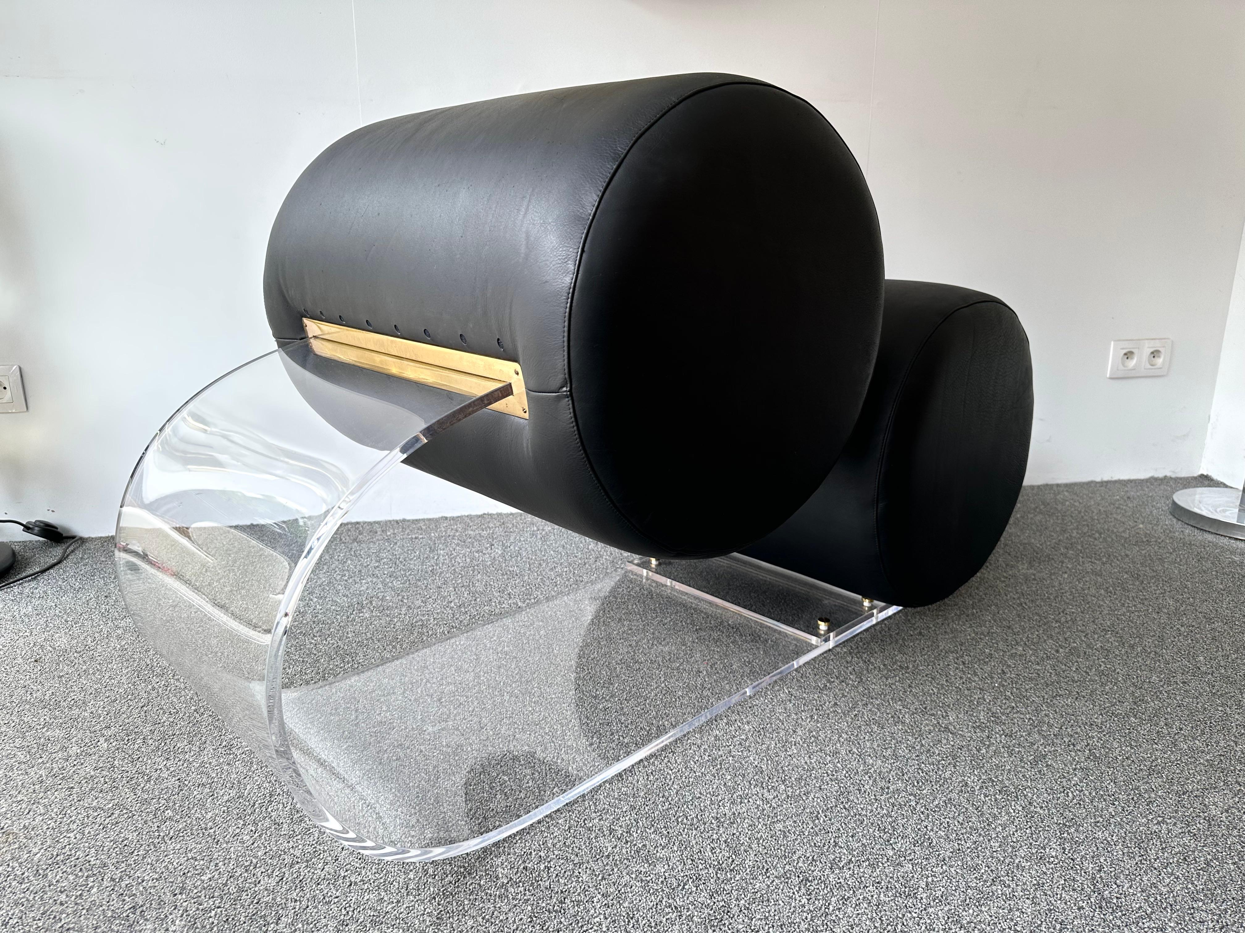 Very rare Mid-Century Modern space age slipper chairs or armchairs in clear lucite and brass by the italian designer Marzio Cecchi. Model from the balestra series. Fully upholstered new upholstery black mat full grain leather. Famous design like Gio