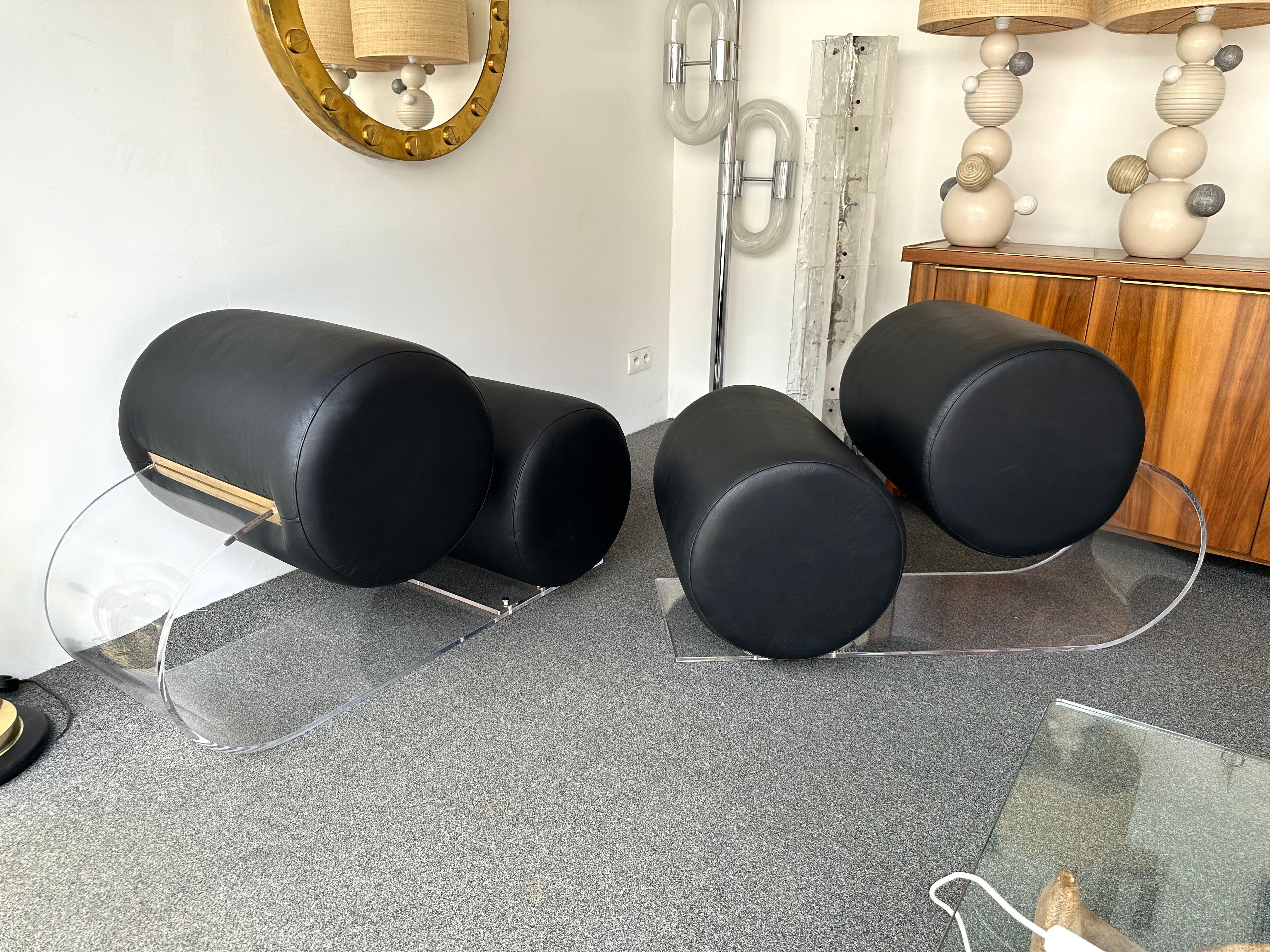 Brass Space Age Pair of Lucite Leather Slipper Chairs by Marzio Cecchi, Italy, 1970s For Sale