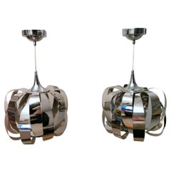 Space Age Pair of Polished Steel Chandeliers