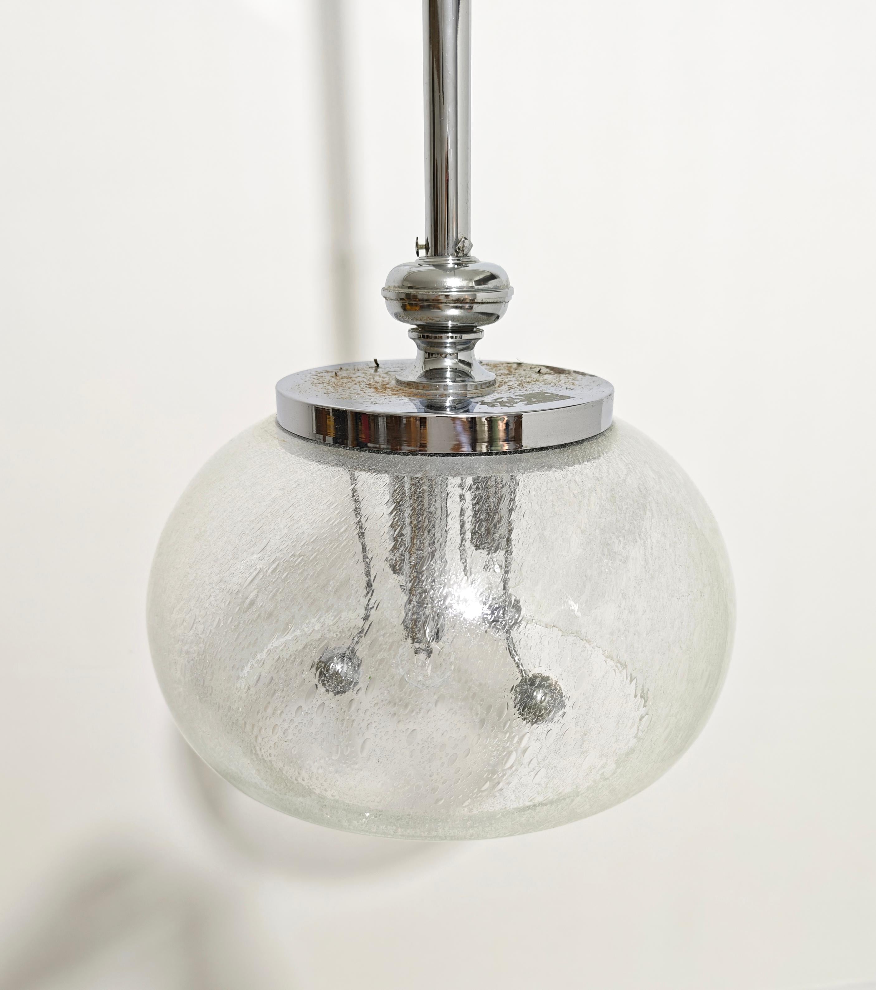 Space Age Pendant Lamp Murano Glass With Inner Bubbles  Metal Chrome Italy 70s For Sale 4