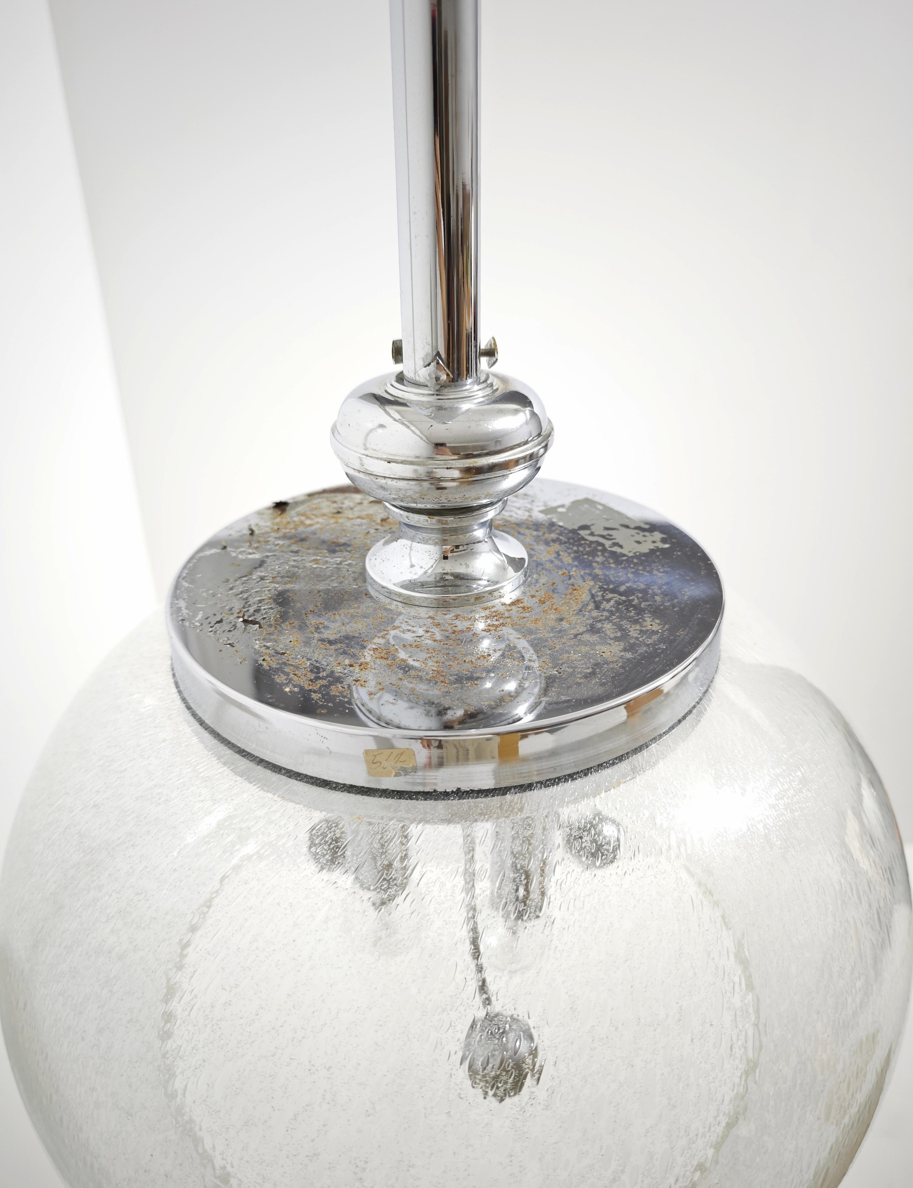 Space Age Pendant Lamp Murano Glass With Inner Bubbles  Metal Chrome Italy 70s For Sale 5