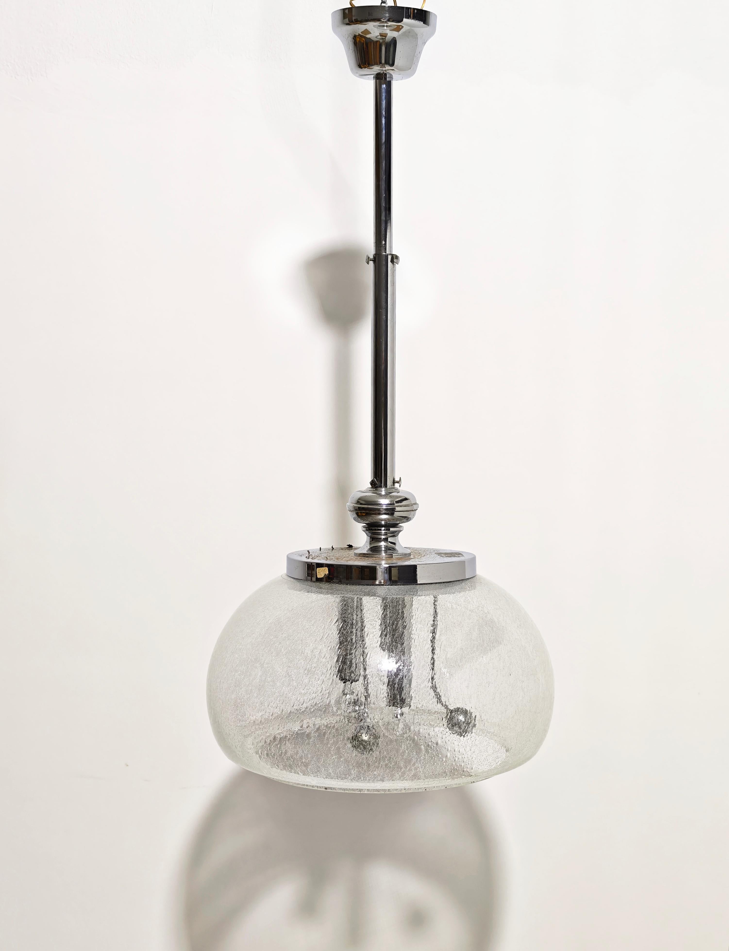 Space Age Pendant Lamp Murano Glass With Inner Bubbles  Metal Chrome Italy 70s For Sale 7