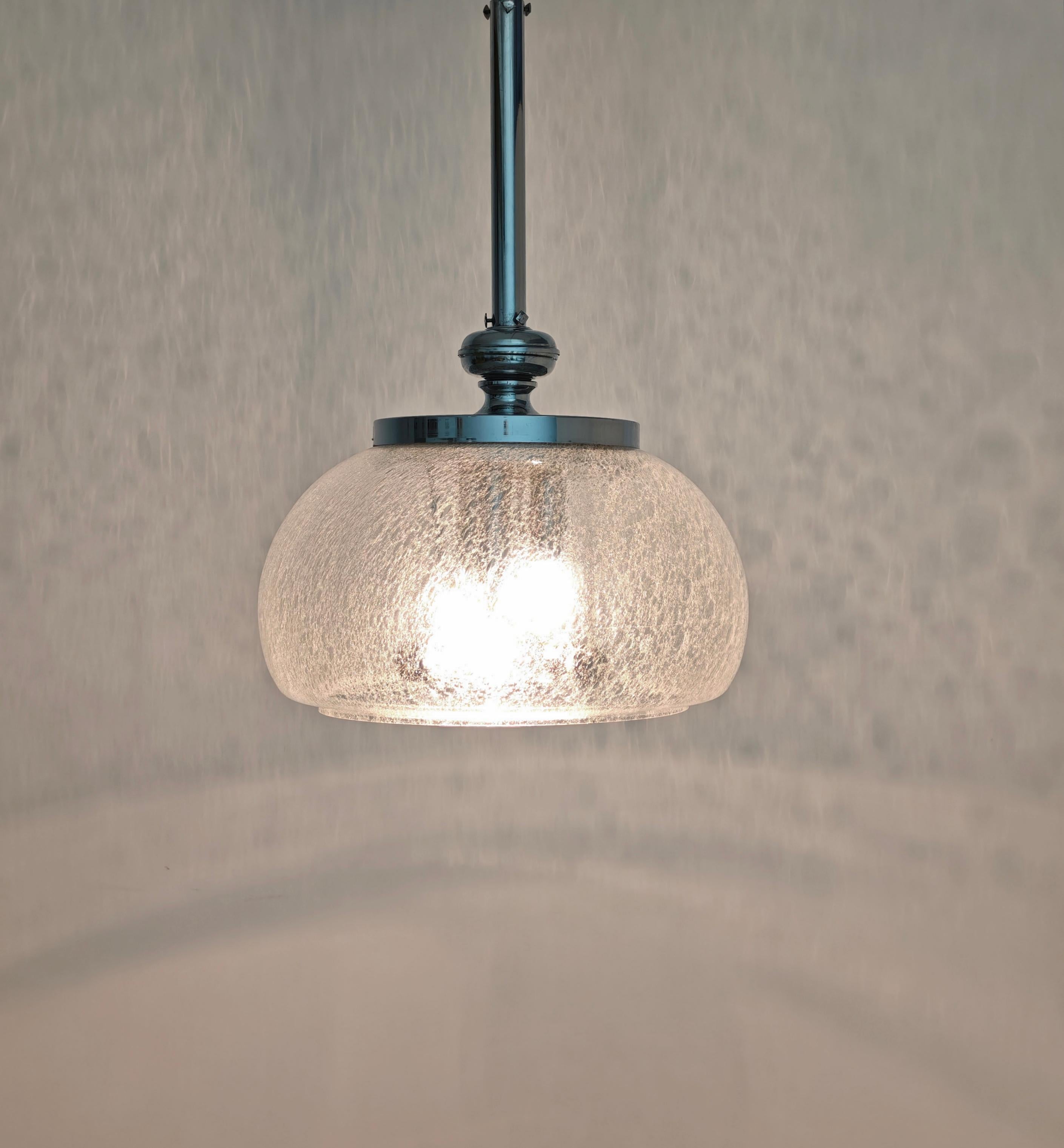 Space Age Pendant Lamp Murano Glass With Inner Bubbles  Metal Chrome Italy 70s For Sale 8
