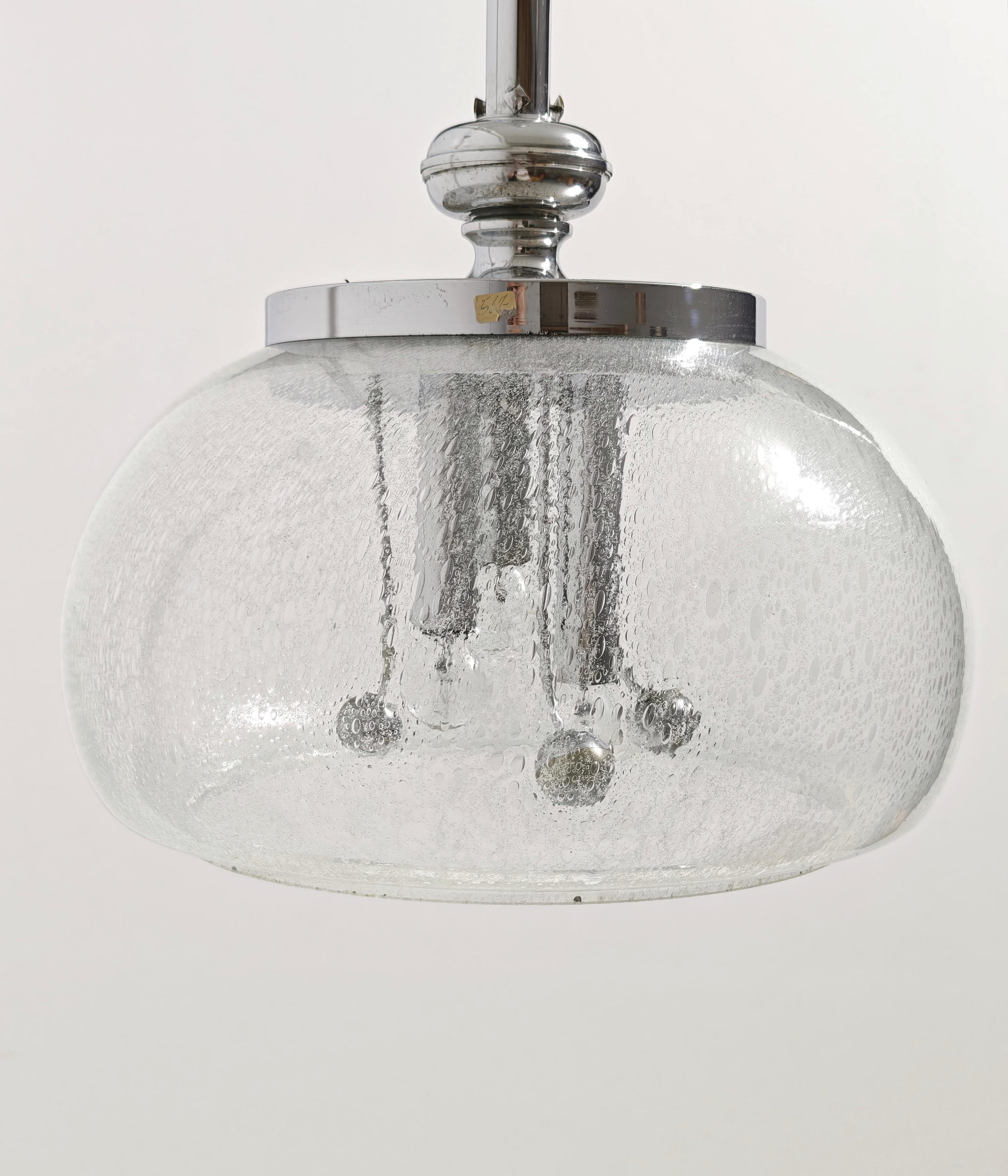 Italian Space Age Pendant Lamp Murano Glass With Inner Bubbles  Metal Chrome Italy 70s For Sale