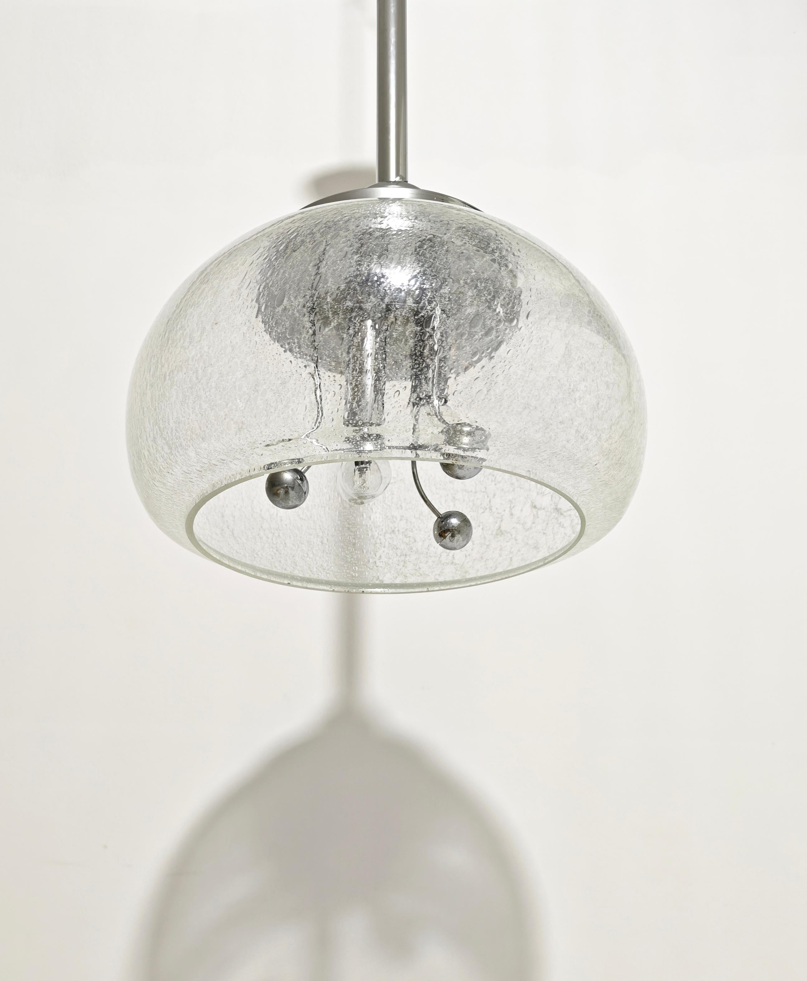 20th Century Space Age Pendant Lamp Murano Glass With Inner Bubbles  Metal Chrome Italy 70s For Sale