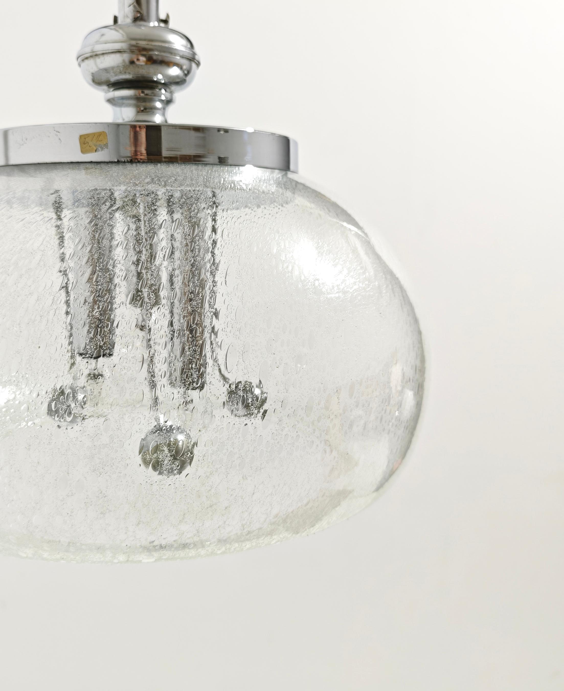 Space Age Pendant Lamp Murano Glass With Inner Bubbles  Metal Chrome Italy 70s For Sale 2