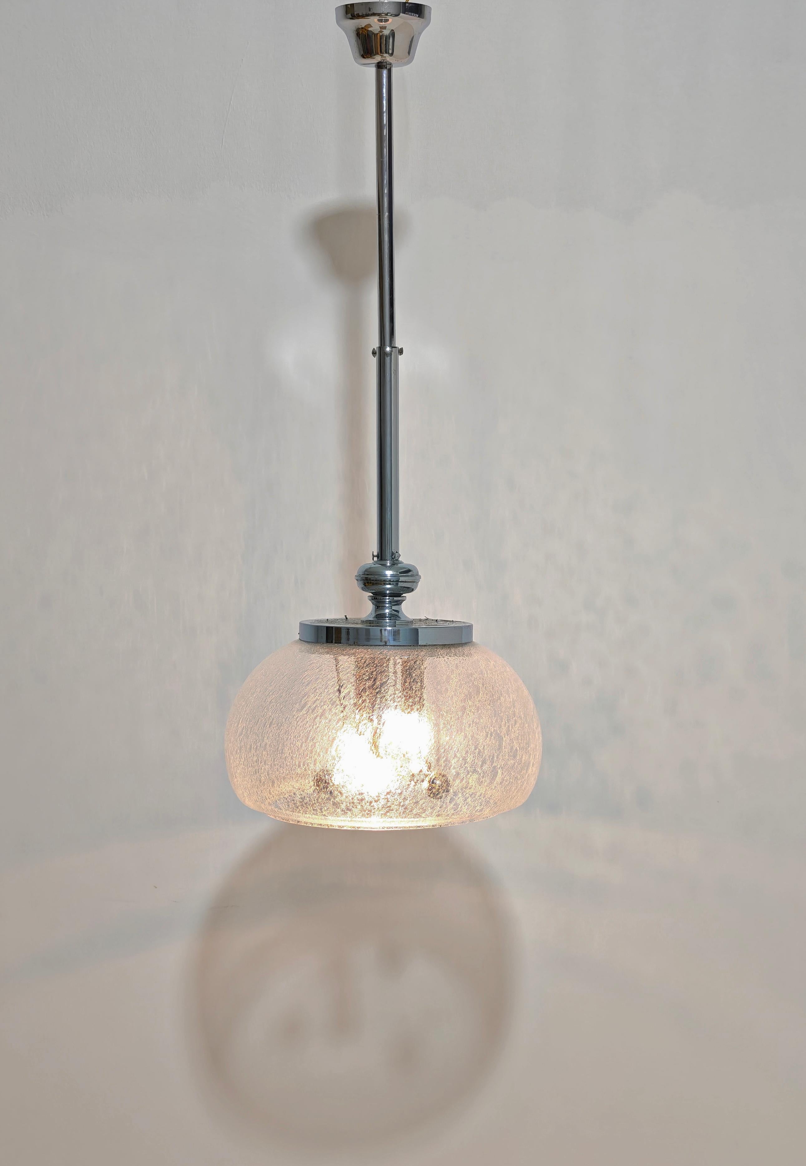 Space Age Pendant Lamp Murano Glass With Inner Bubbles  Metal Chrome Italy 70s For Sale 3