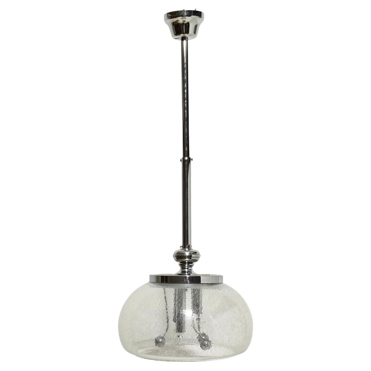 Space Age Pendant Lamp Murano Glass With Inner Bubbles  Metal Chrome Italy 70s For Sale