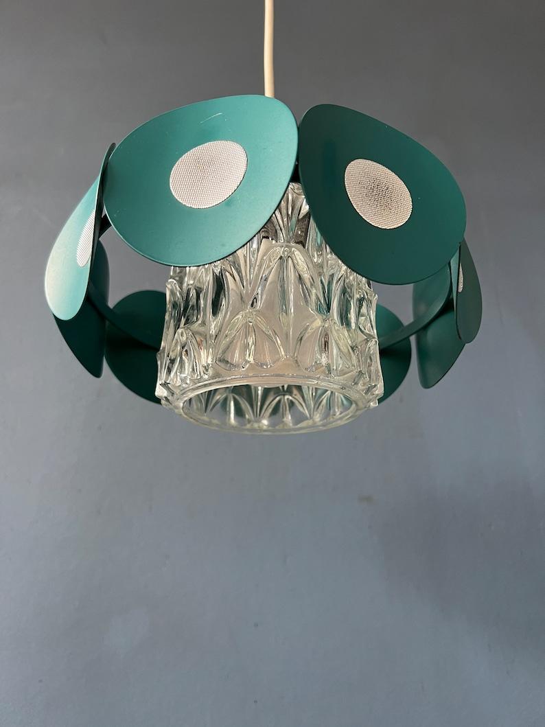 Space Age Pendant Lamp with Glass Shade and Green/Blue Metal Frame, 1970s For Sale 6