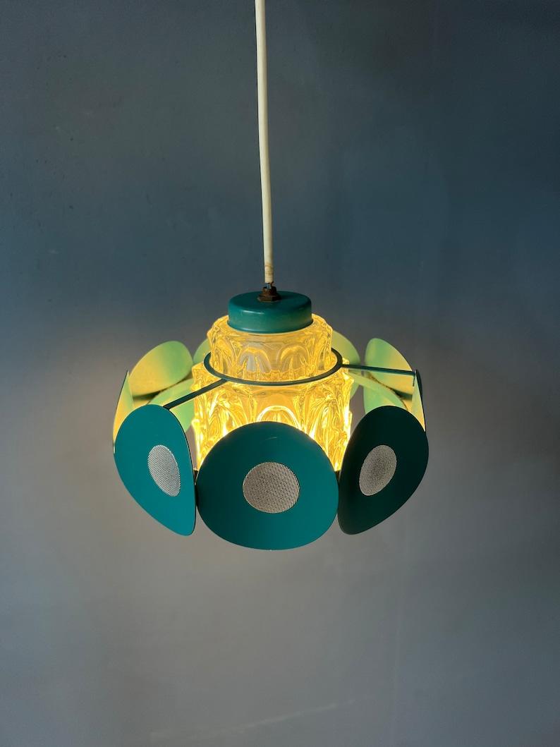Space Age Pendant Lamp with Glass Shade and Green/Blue Metal Frame, 1970s In Excellent Condition For Sale In ROTTERDAM, ZH