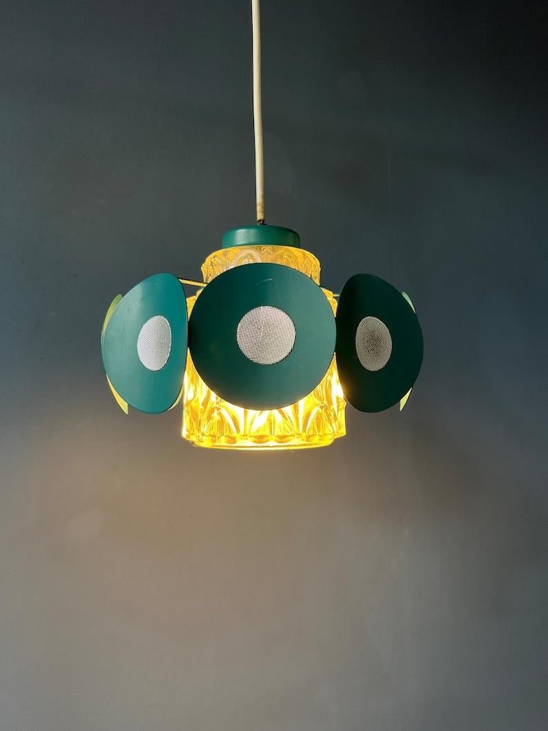 20th Century Space Age Pendant Lamp with Glass Shade and Green/Blue Metal Frame, 1970s For Sale