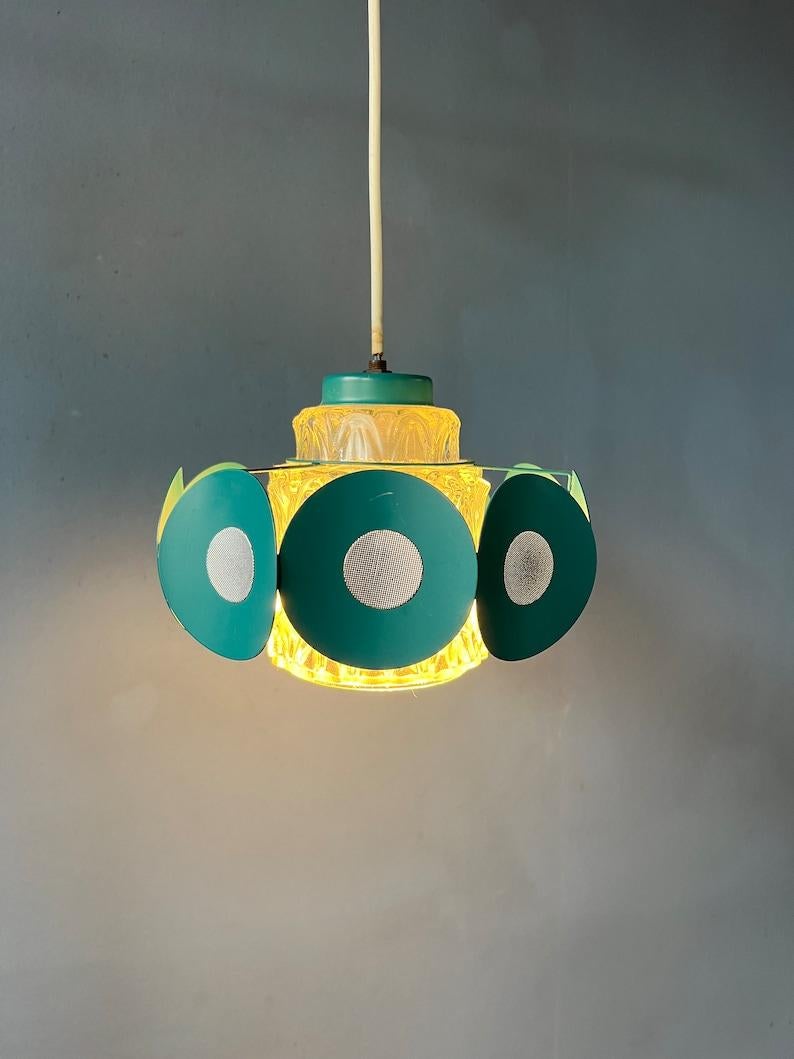 Space Age Pendant Lamp with Glass Shade and Green/Blue Metal Frame, 1970s For Sale 1