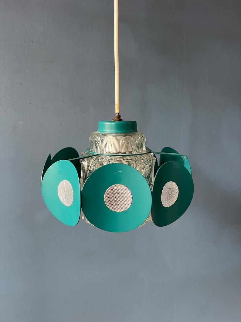 Space Age Pendant Lamp with Glass Shade and Green/Blue Metal Frame, 1970s For Sale 2