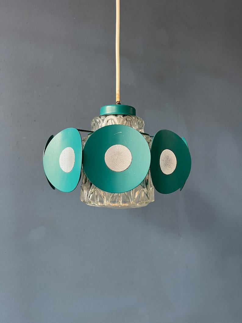 Space Age Pendant Lamp with Glass Shade and Green/Blue Metal Frame, 1970s For Sale 3