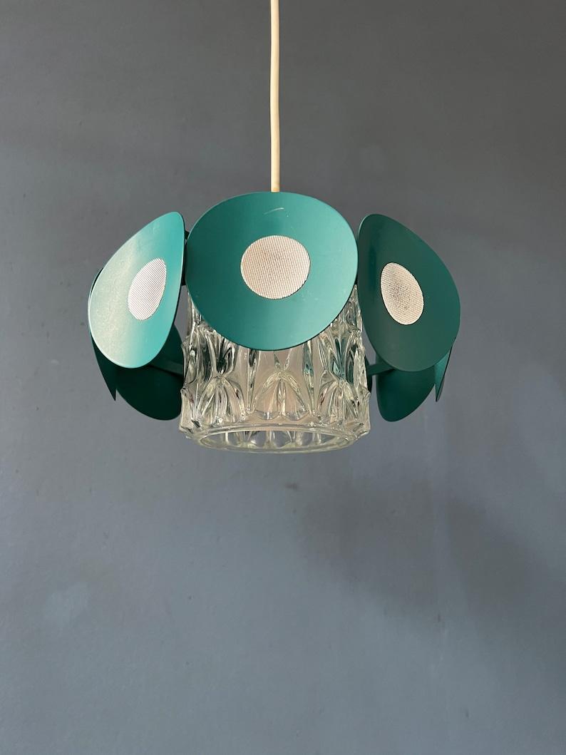 Space Age Pendant Lamp with Glass Shade and Green/Blue Metal Frame, 1970s For Sale 4