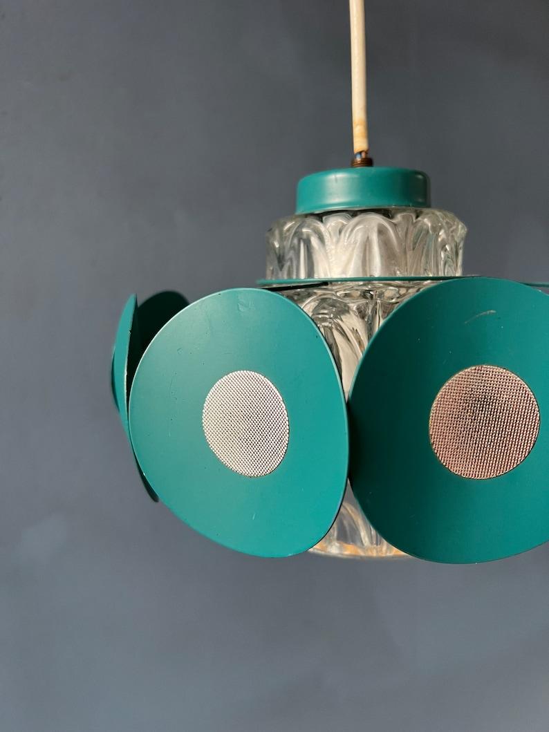Space Age Pendant Lamp with Glass Shade and Green/Blue Metal Frame, 1970s For Sale 5