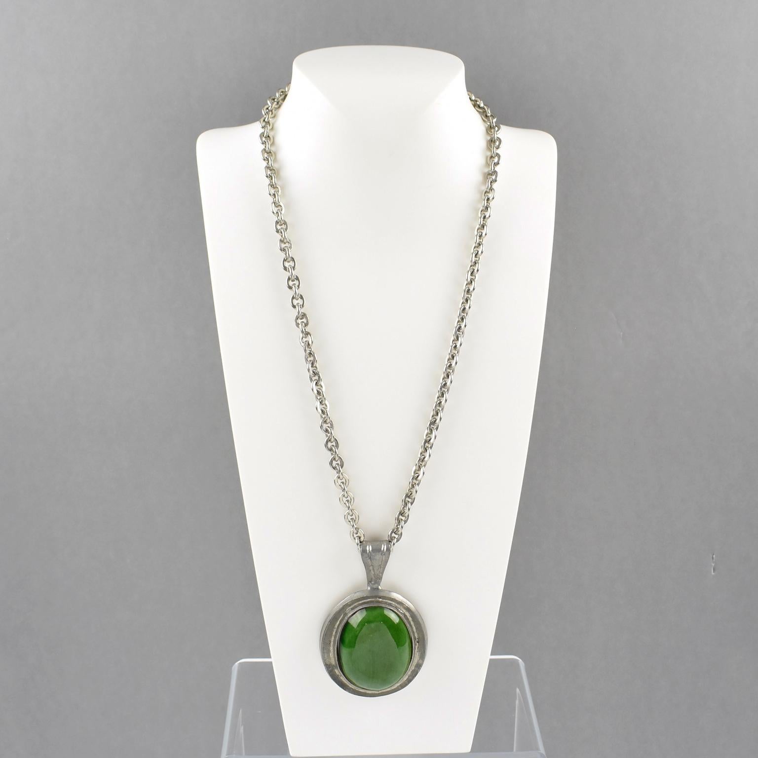 Modernist Space Age Pewter Necklace with Green Ceramic Pendant For Sale
