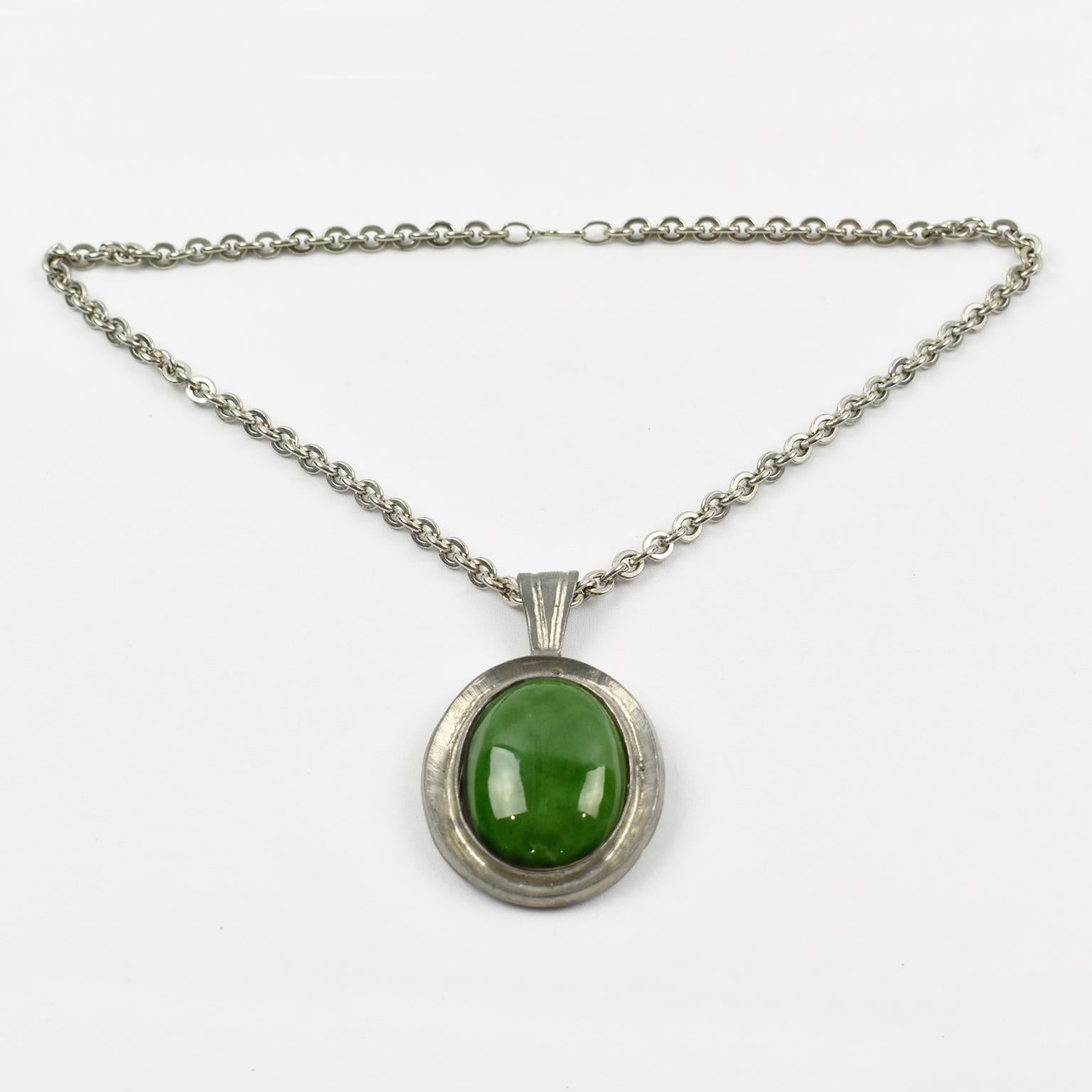 Space Age Pewter Necklace with Green Ceramic Pendant In Excellent Condition For Sale In Atlanta, GA