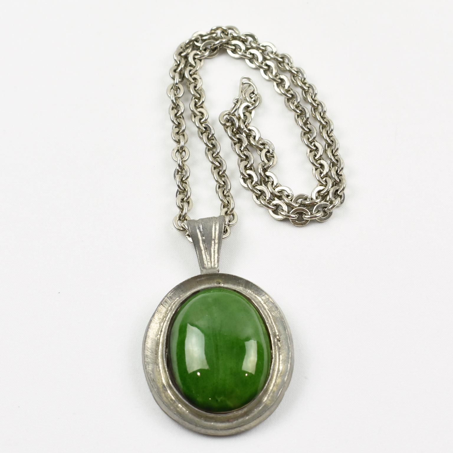 Women's or Men's Space Age Pewter Necklace with Green Ceramic Pendant For Sale
