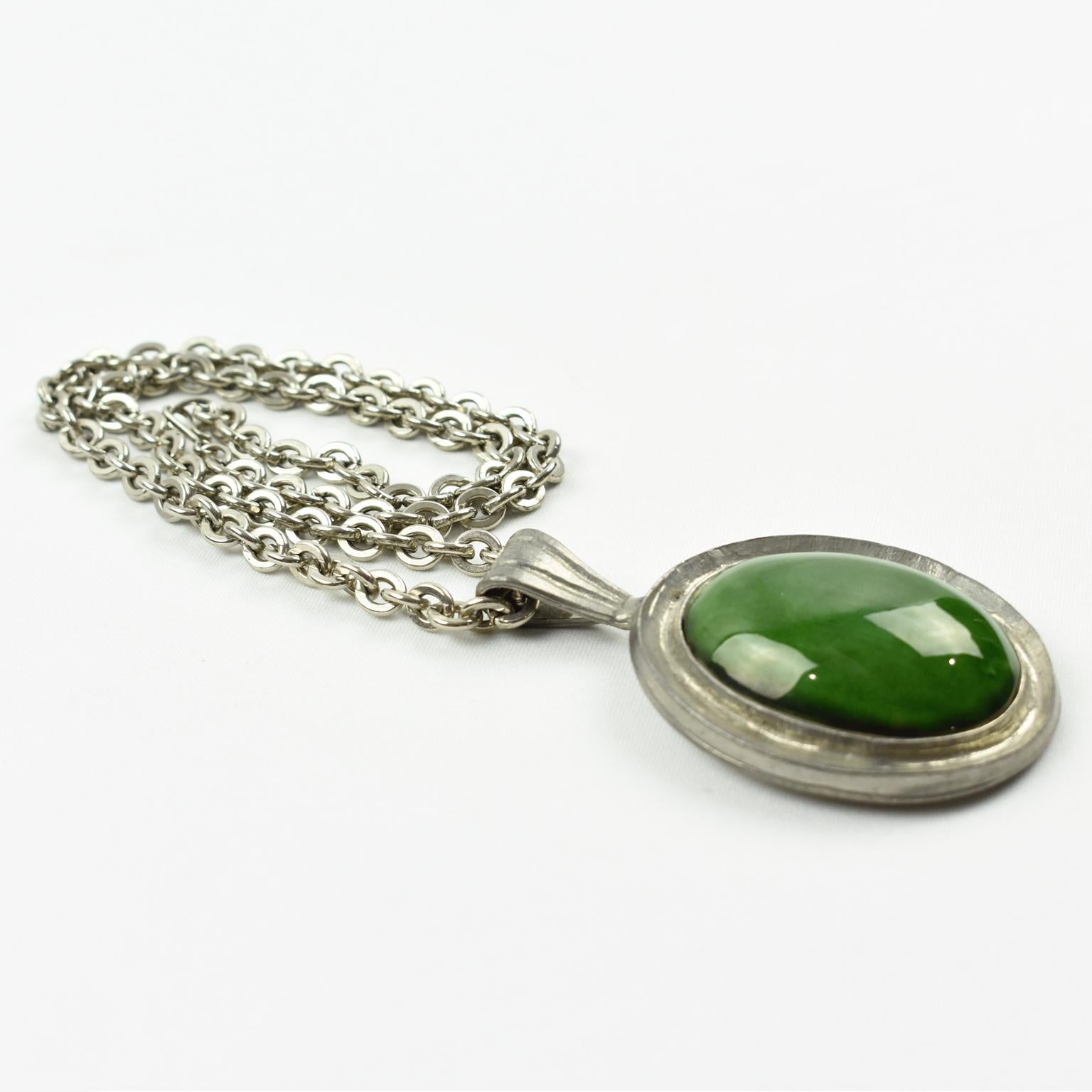 Space Age Pewter Necklace with Green Ceramic Pendant For Sale 1
