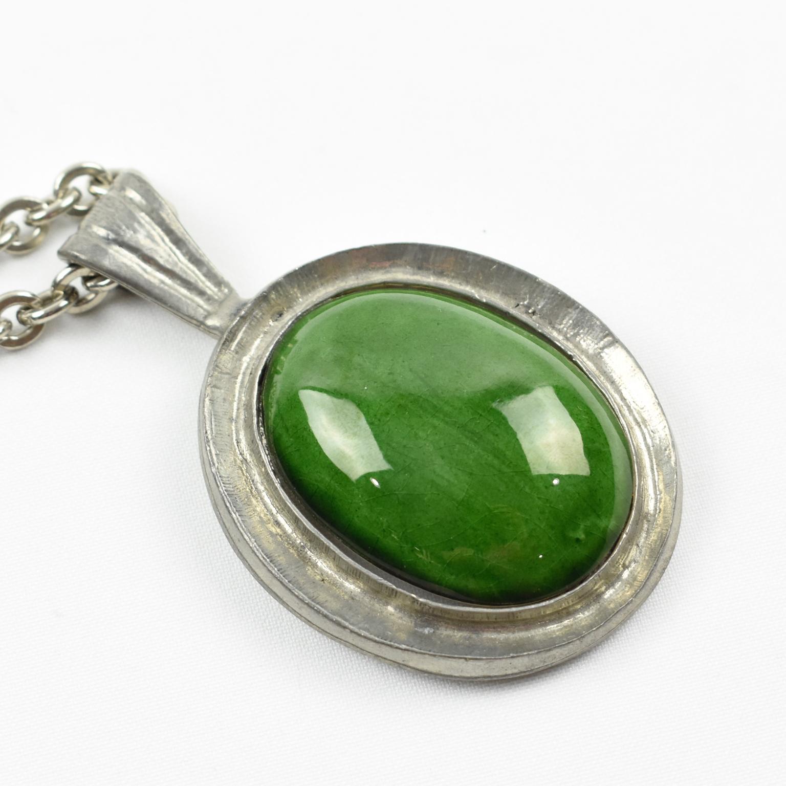 Space Age Pewter Necklace with Green Ceramic Pendant For Sale 3