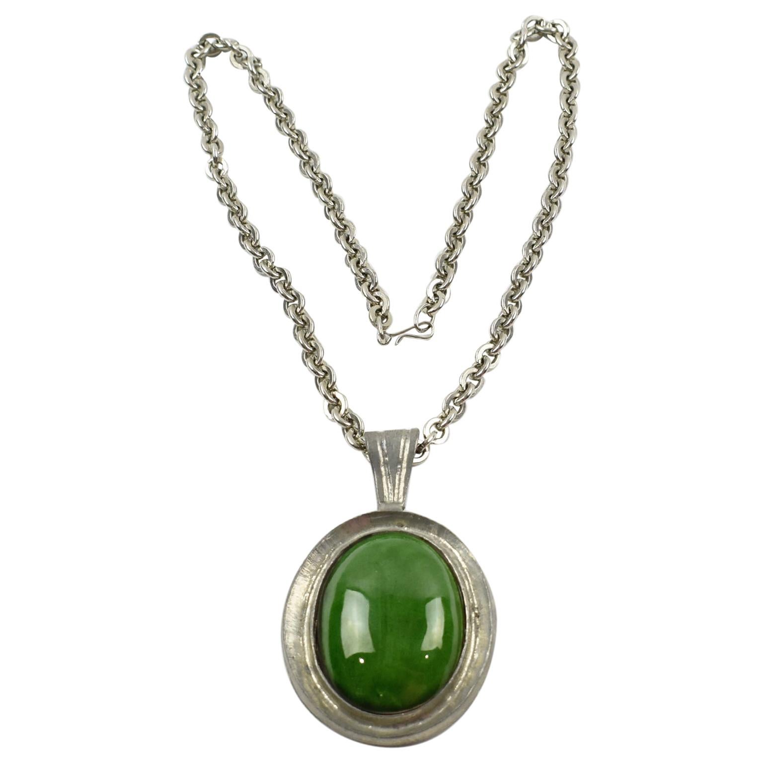 Space Age Pewter Necklace with Green Ceramic Pendant For Sale