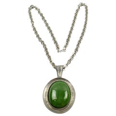 Space Age Pewter Necklace with Green Ceramic Pendant
