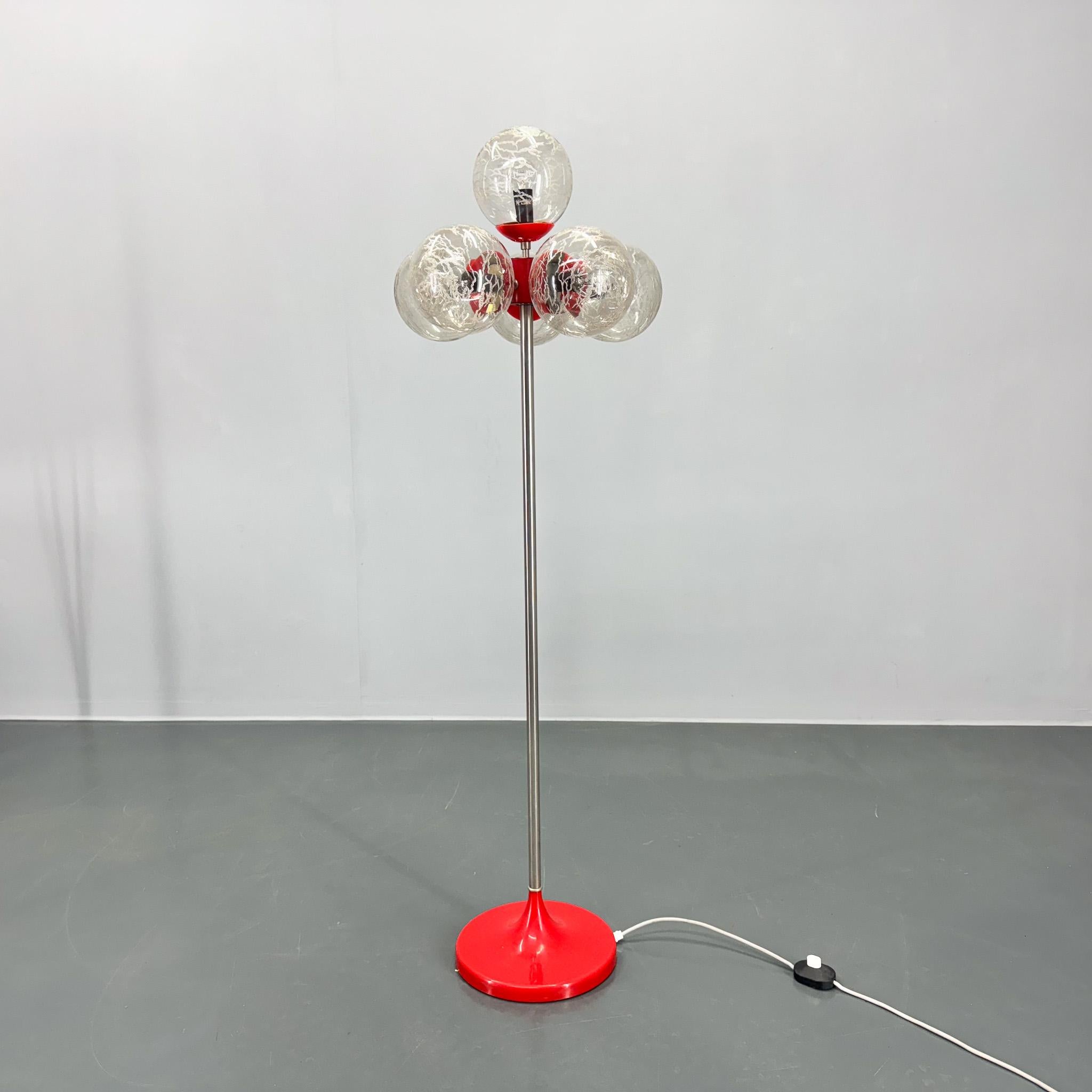 Vintage, space age red plastic floor lamp with 6 glass balls and step-on switch. Made it Germany in the 1970's. Bulbs: 6 x E 14.
US adapter included.