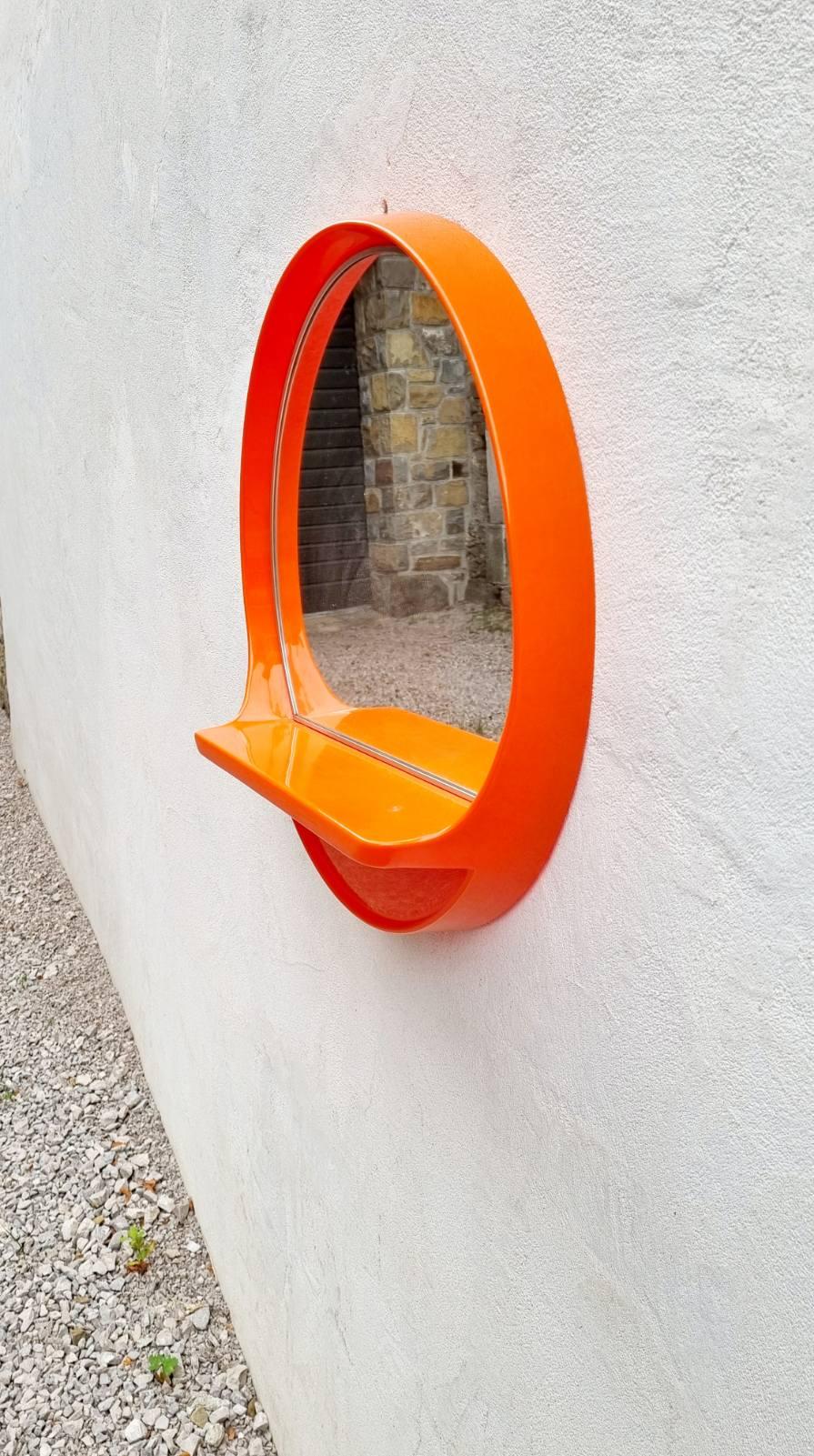Italian Space Age Plastic Round Mirror with Shelf,  SALC Cantu, Italy 70s