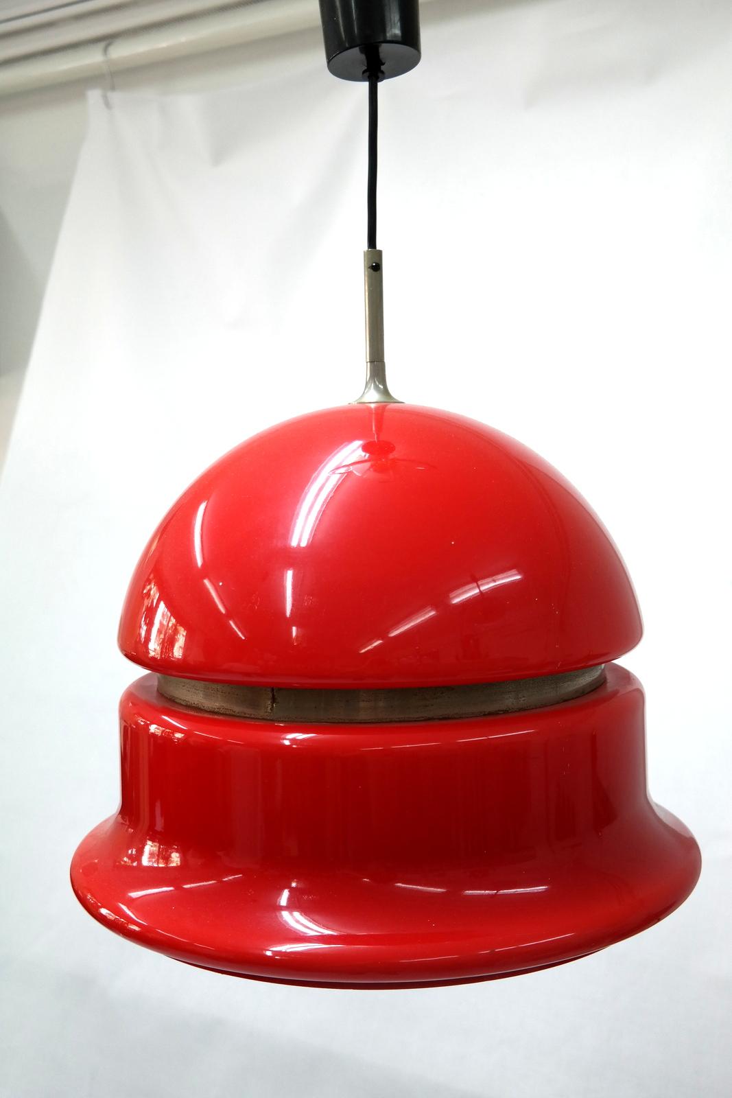 Italian Meblo style Space Age Plexiglas chandelier in deep red color with nickel-plated side line, 1960s.
