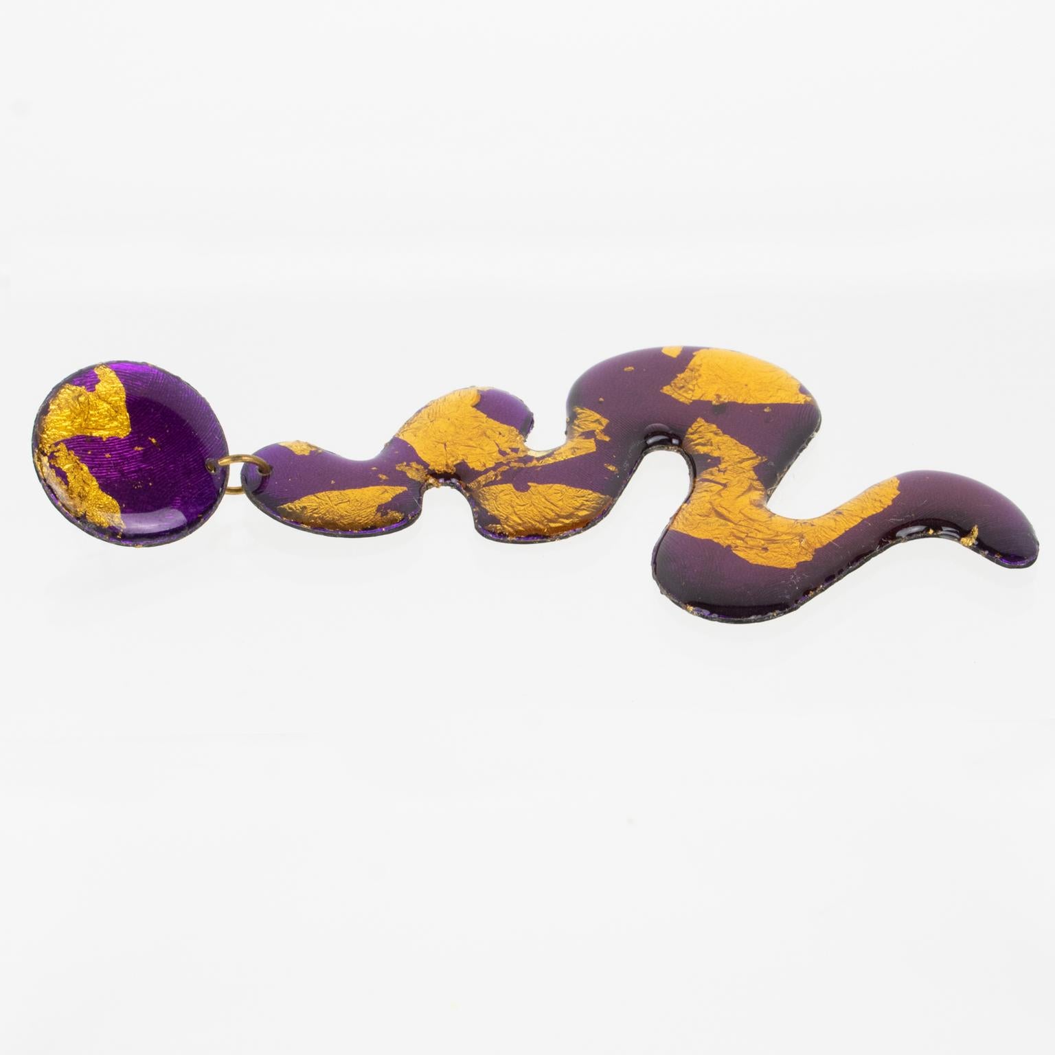 Women's or Men's Space Age Purple and Gold Lucite Dangle Earrings For Sale