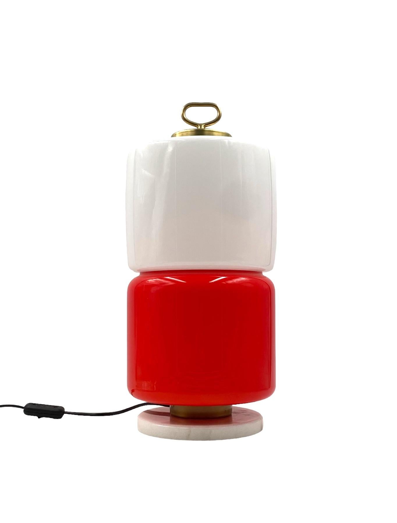 Late 20th Century Space Age Red and white glass cylindrical table lamp, Stilnovo, 1970s For Sale