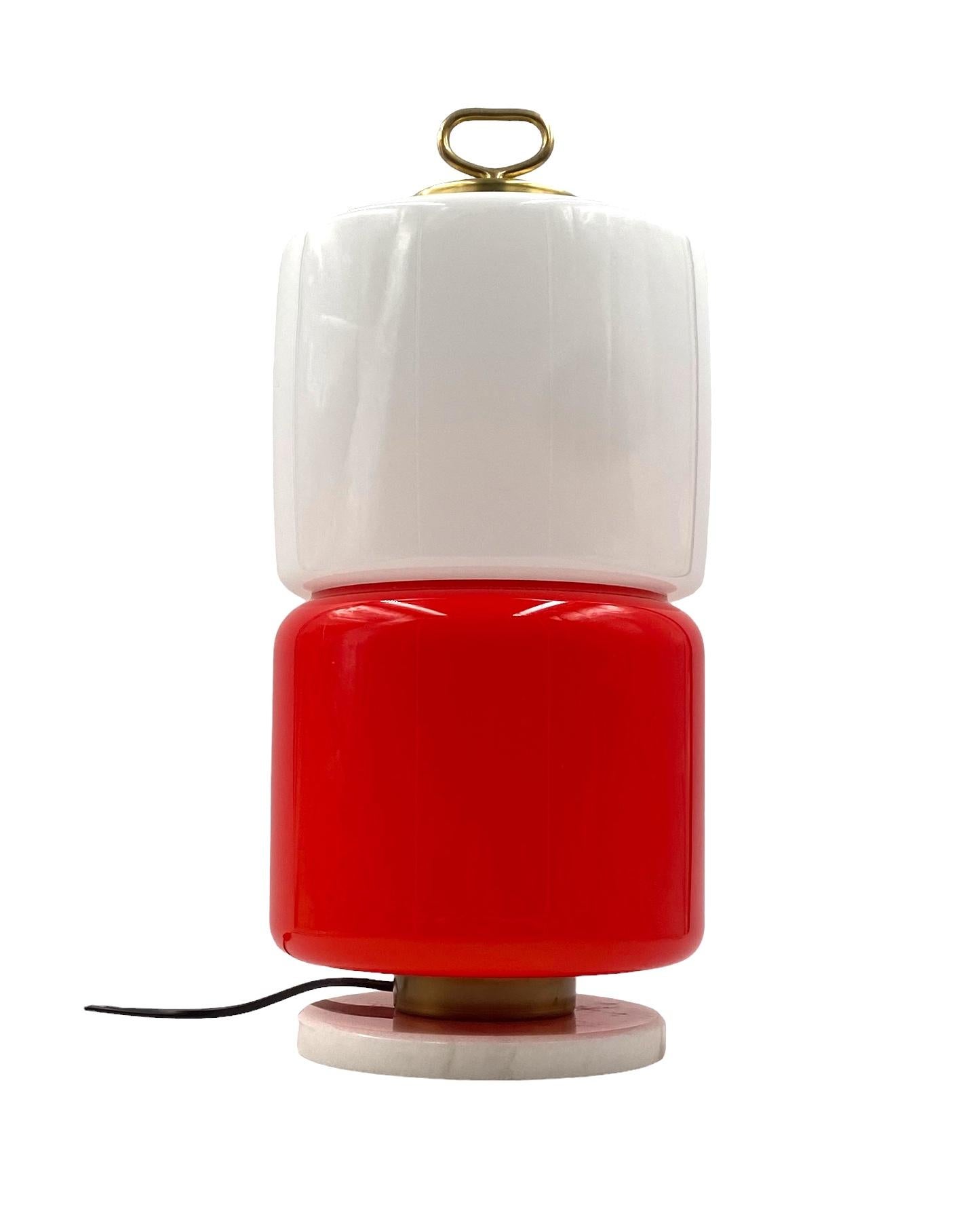 Space Age Red and white glass cylindrical table lamp, Stilnovo, 1970s For Sale 1