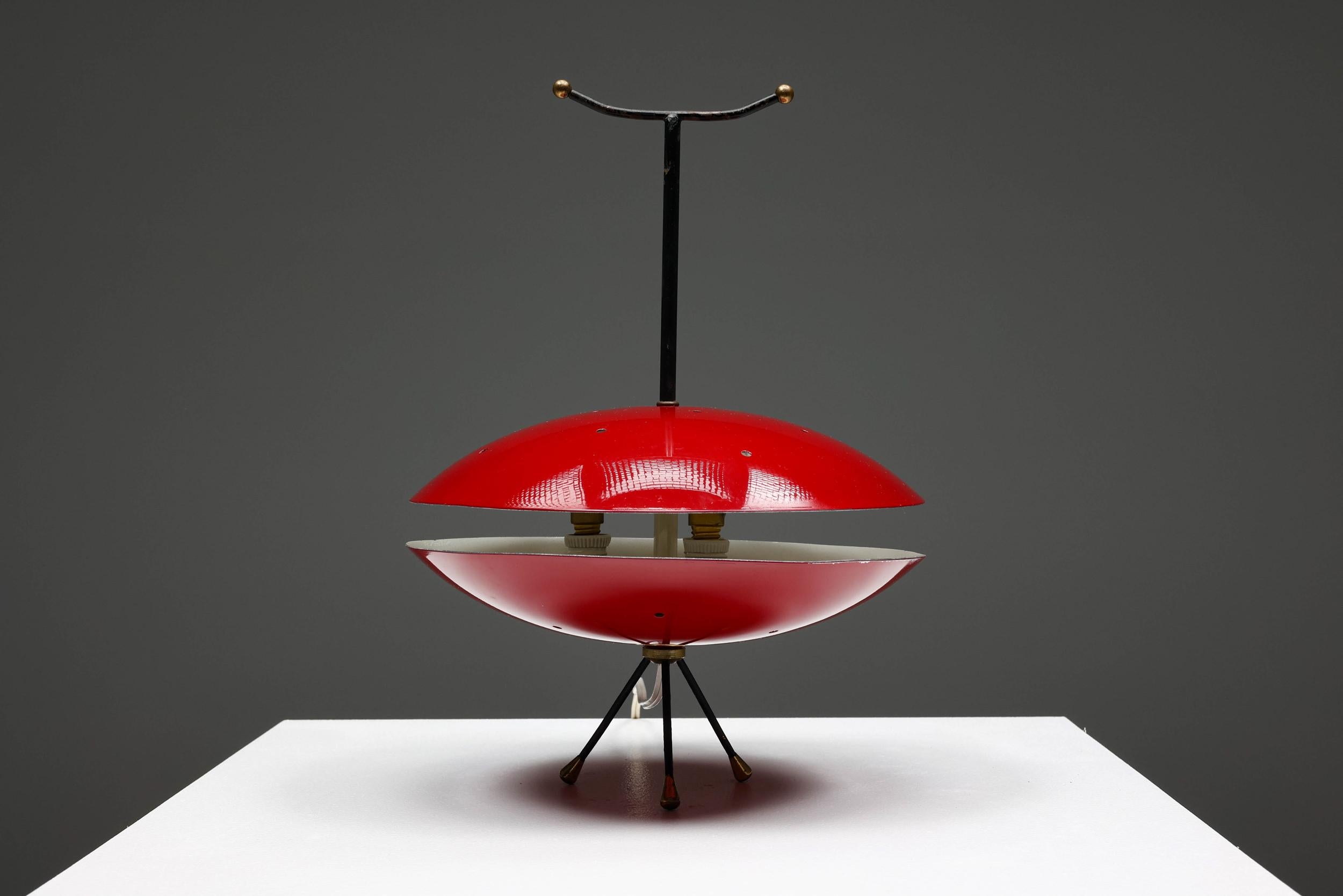 Late 20th Century Space Age Red & Black Lamp, Brass Base, Mid-Century Modern, 1970's For Sale