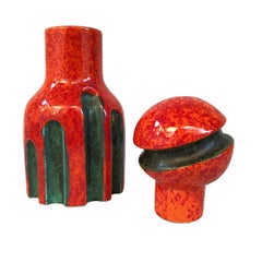Space Age Red-Orange and Green Glazed Ceramic Bottle Pitcher by ST.AR, Italy