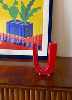 Space age red U letter shaped ceramic solifleur vase, Marcel Radureau ca. 1970