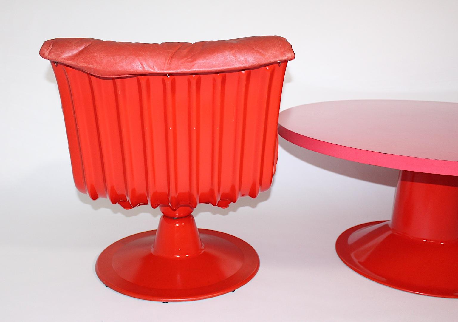 Mid-20th Century Space Age Red Vintage Lounge Chairs Saturn Pink Sofa Table Yrjö Kukkapuro, 1960s For Sale