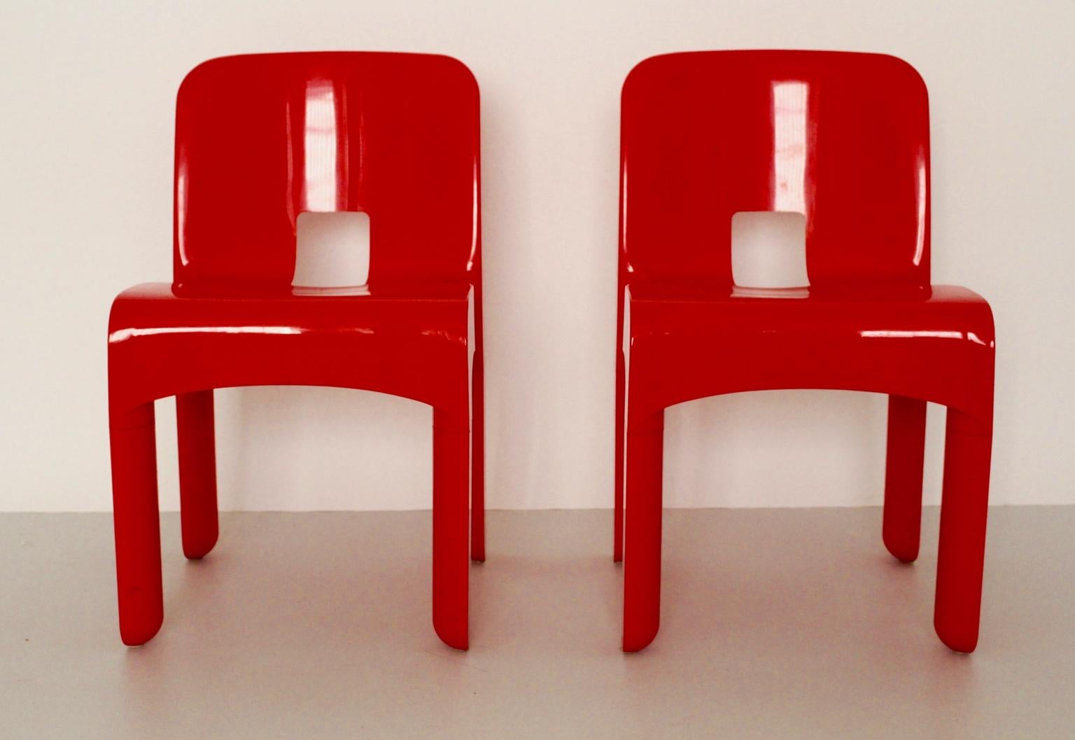 Italian Space Age Red Vintage Plastic Dining Chairs Universale Joe Colombo 1960s Italy