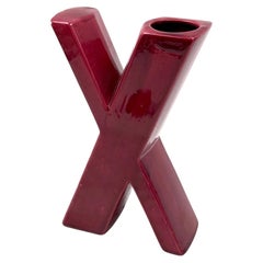 Jarrón solifleur de cerámica en forma de letra X roja de la era espacial, Marcel Radureau ca. 1970
