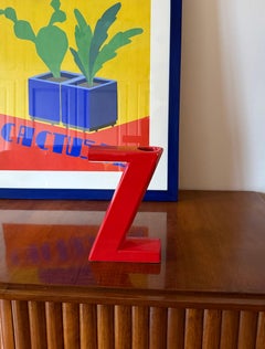 Space age red Z letter shaped ceramic solifleur vase, Marcel Radureau ca. 1970
