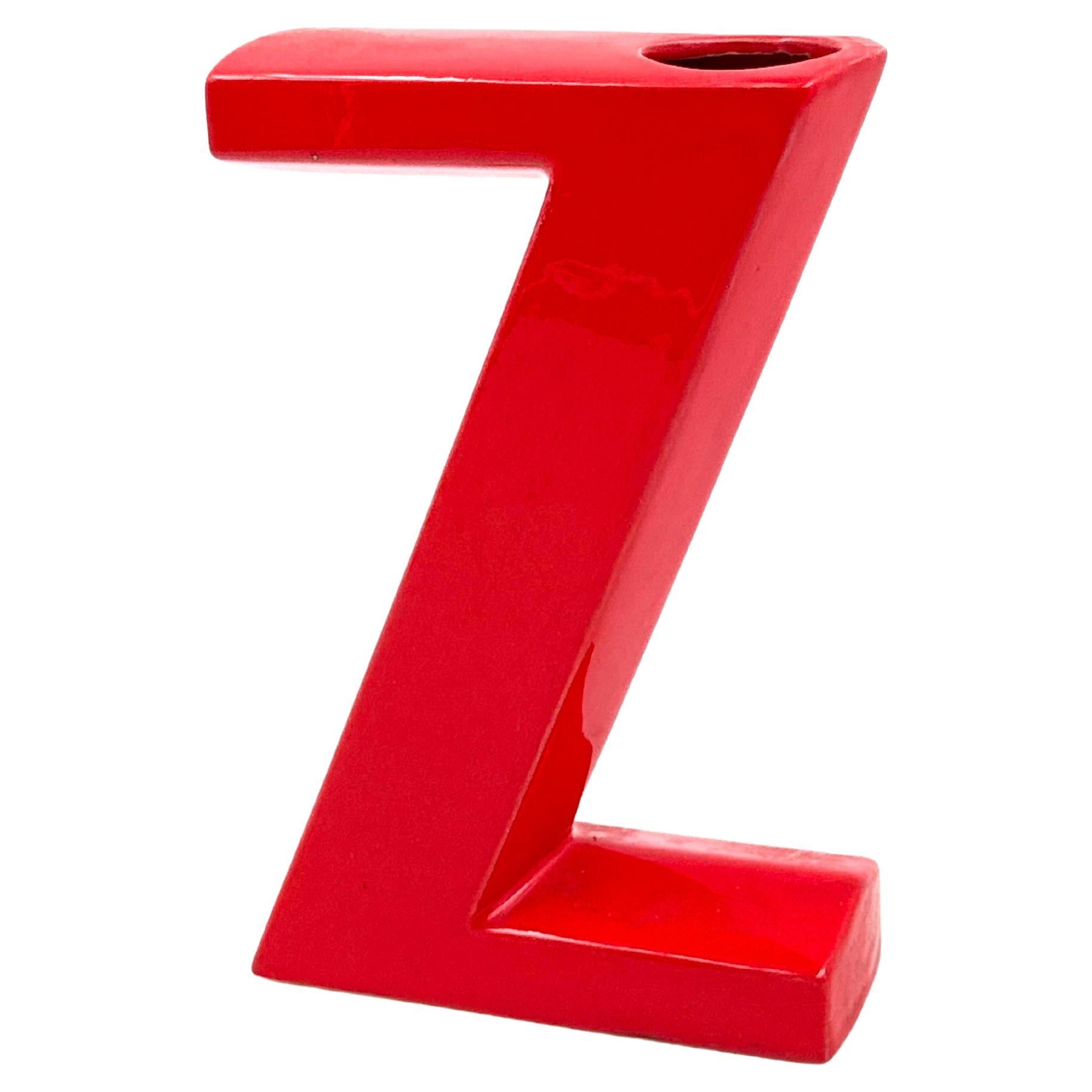 Space age red Z letter shaped ceramic solifleur vase, Marcel Radureau ca. 1970