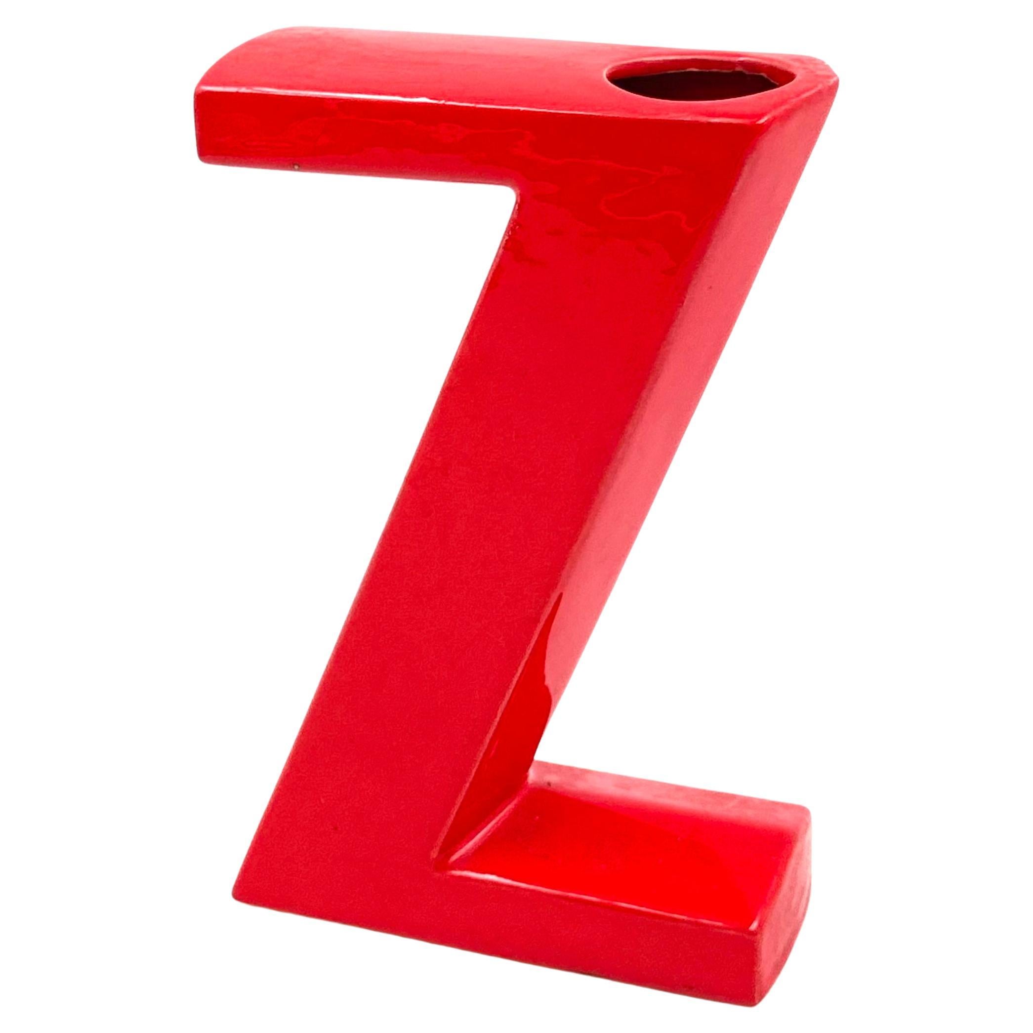 Space age red Z letter shaped ceramic solifleur vase, Marcel Radureau ca. 1970