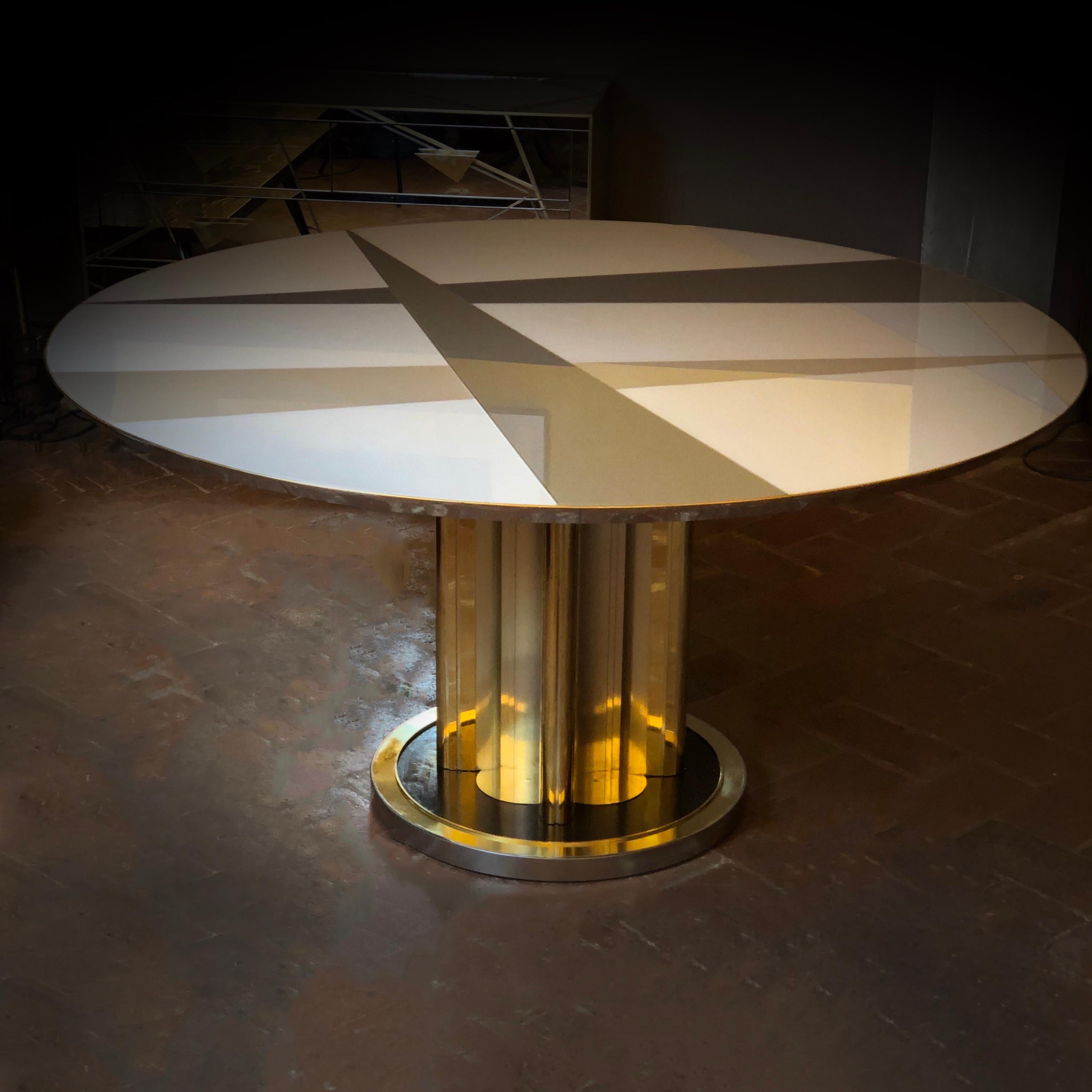 Mid-Century Modern Space Age Round Table, Murano Glass Top and Aluminum, Brass and Wood Pedestal