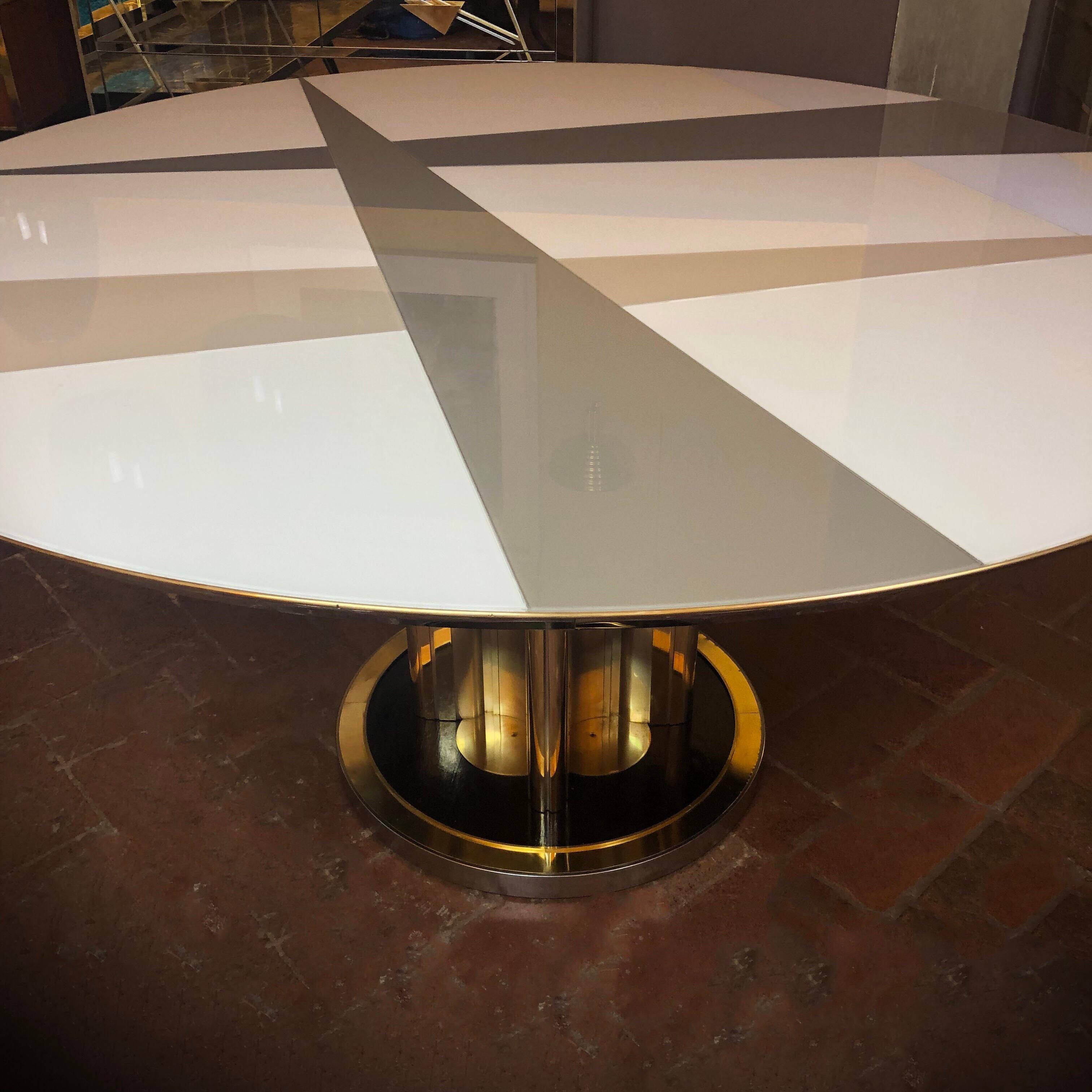 Italian Space Age Round Table, Murano Glass Top and Aluminum, Brass and Wood Pedestal