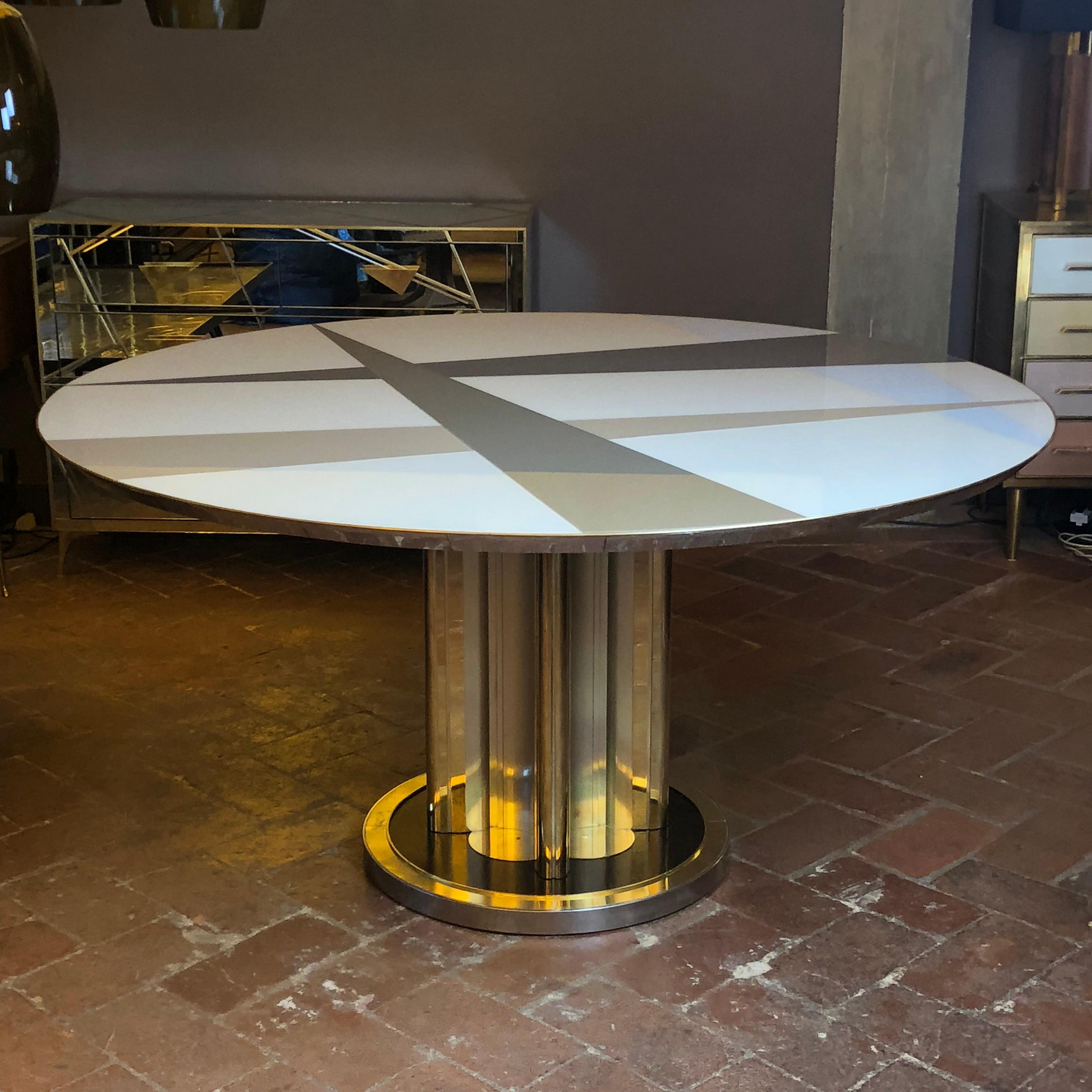 Space Age Round Table, Murano Glass Top and Aluminum, Brass and Wood Pedestal 3