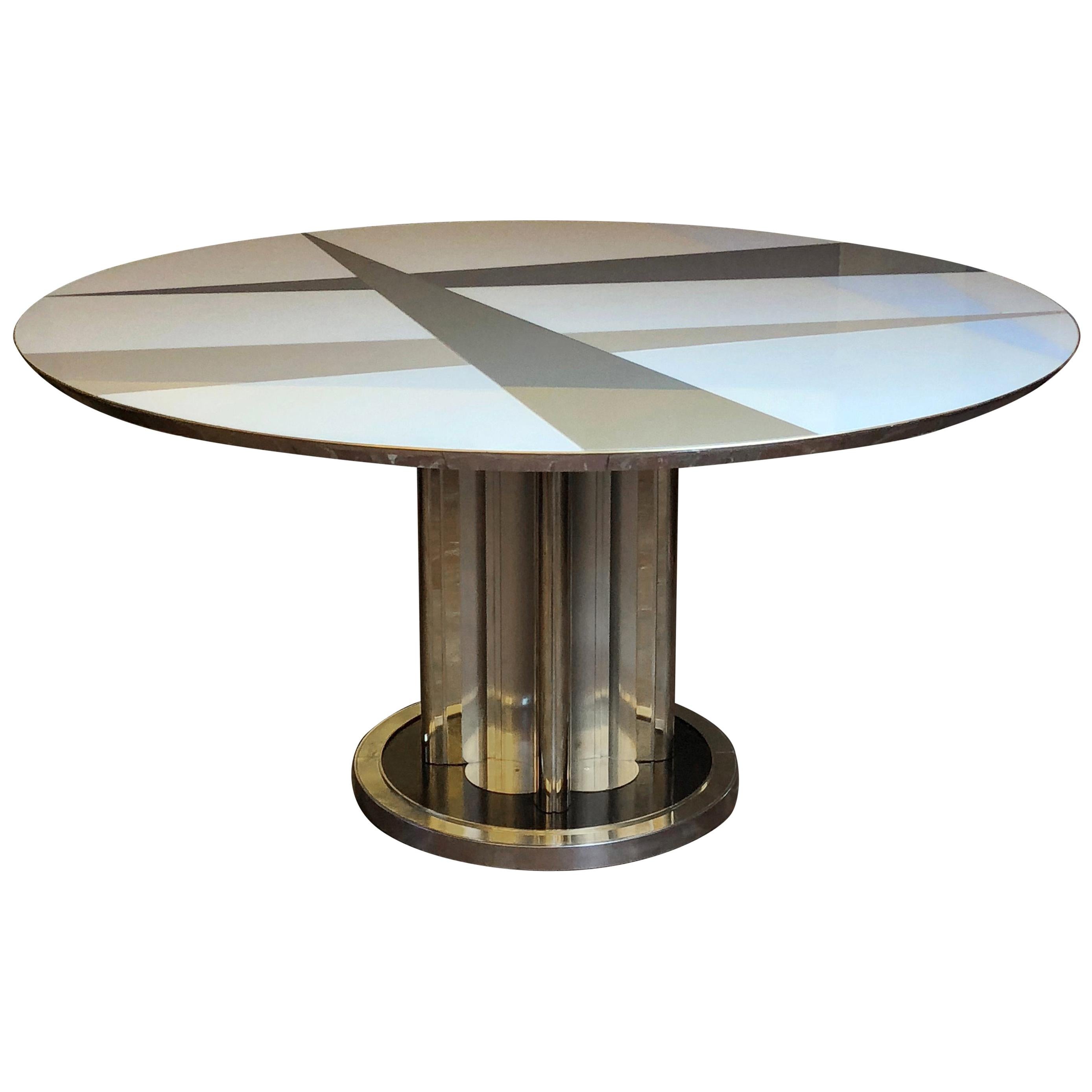 Space Age Round Table, Murano Glass Top and Aluminum, Brass and Wood Pedestal