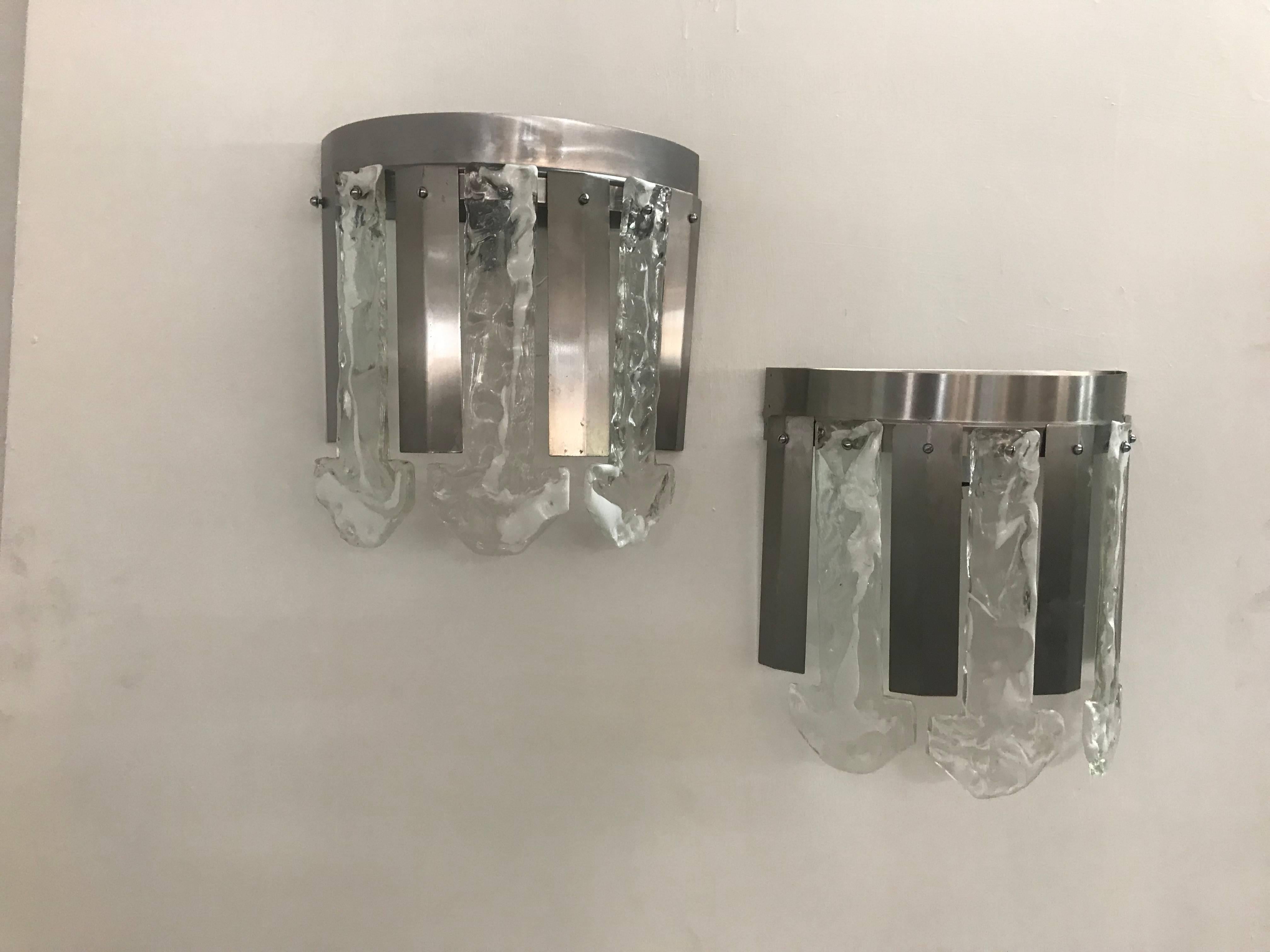 Mid-Century Modern Mazzega two-light sconce in brushed steel and clear and white Murano glass, circa 1970.