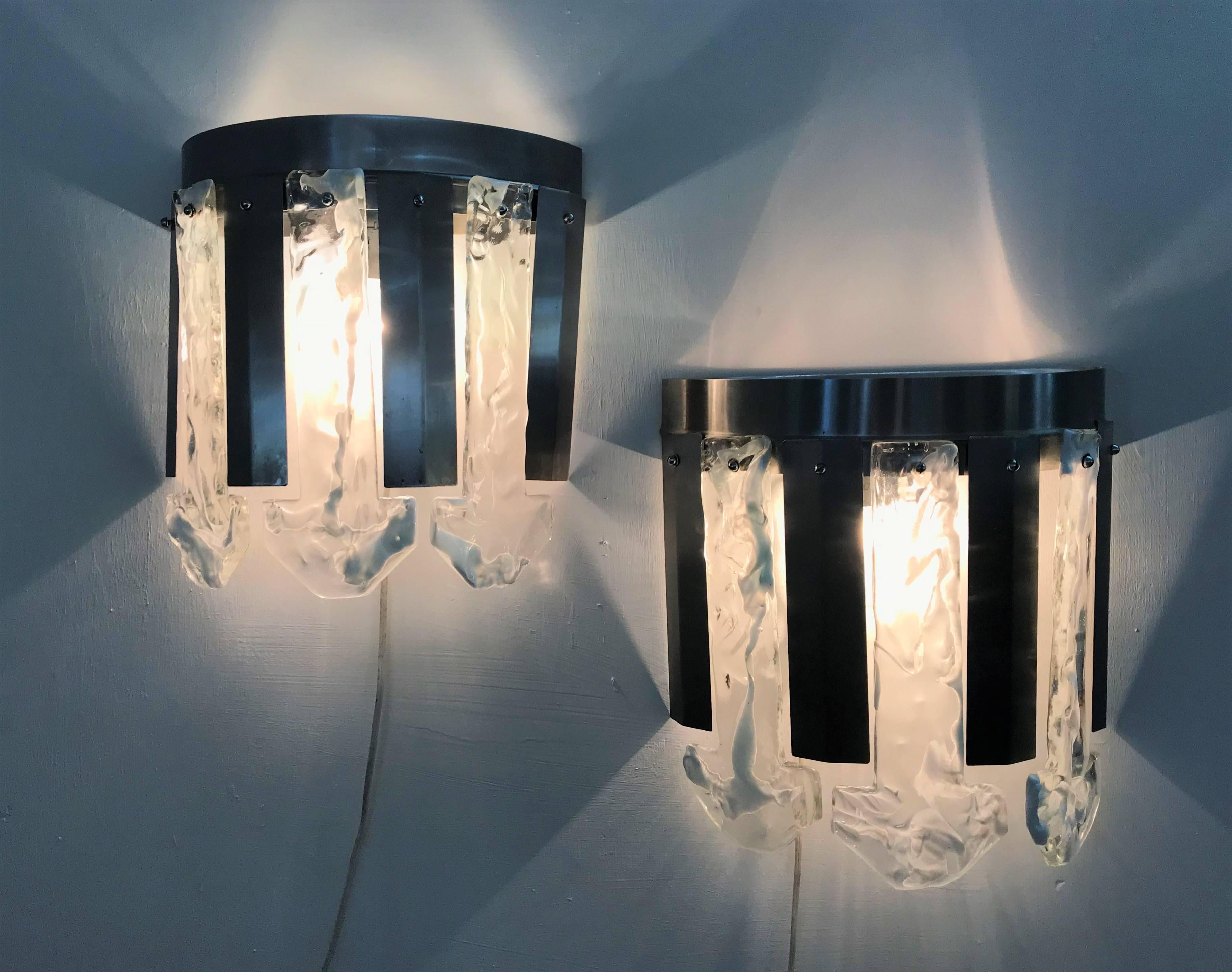 Italian Space Age Sconces by Mazzega in Brushed Steel and Murano Glass, Italy circa 1970 For Sale