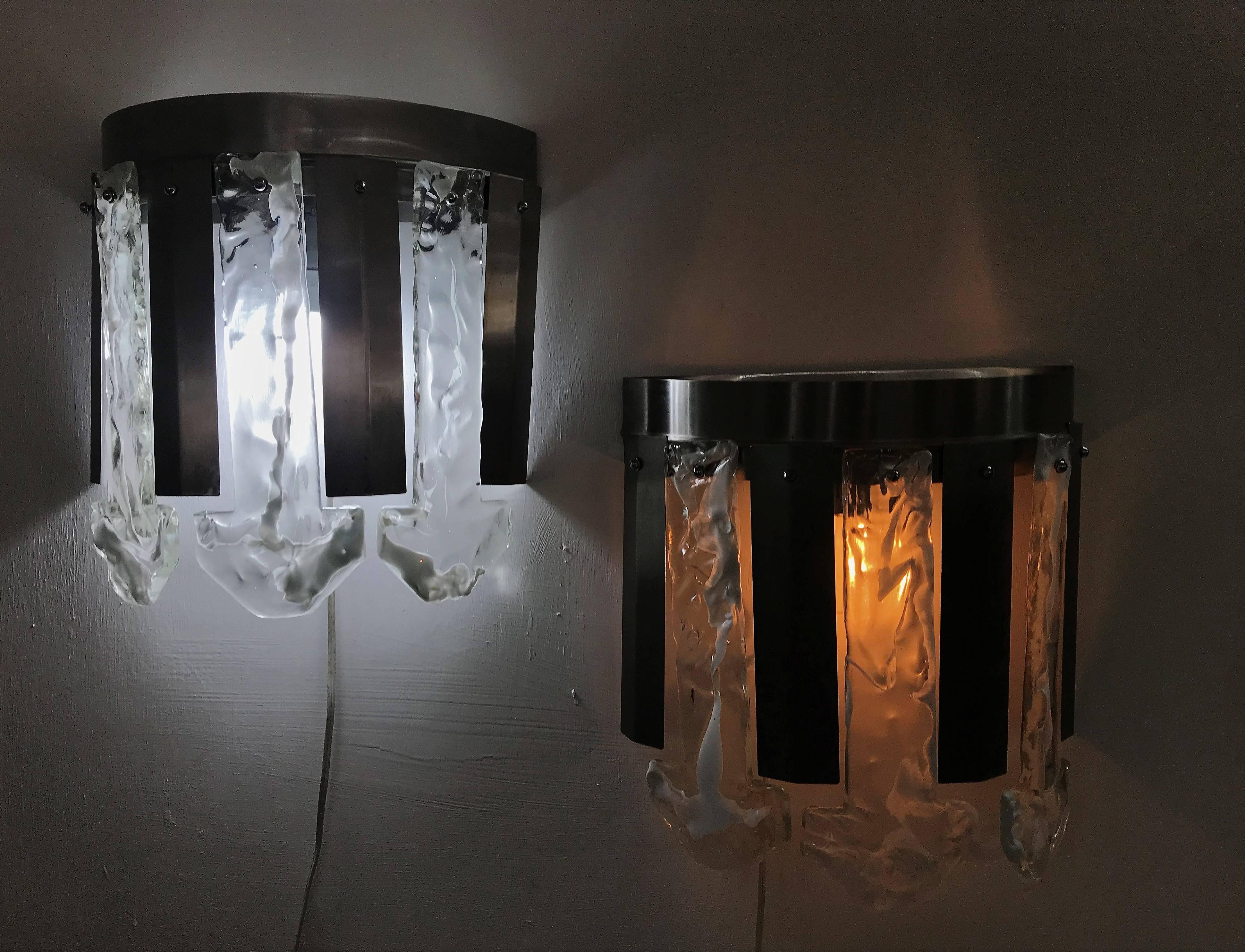 Space Age Sconces by Mazzega in Brushed Steel and Murano Glass, Italy circa 1970 For Sale 2